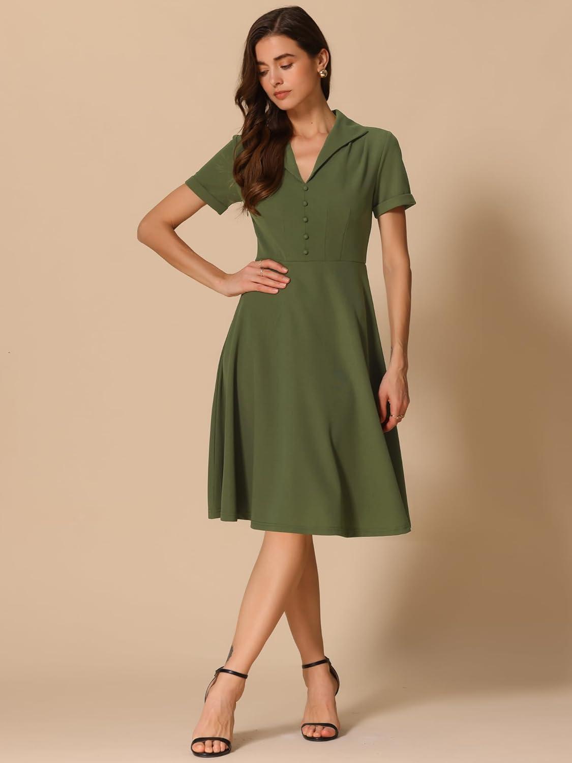 imageAllegra K Vintage Work Dresses for Womens 1950s Flat Collar Short Sleeve Fit and Flare DressArmy Green