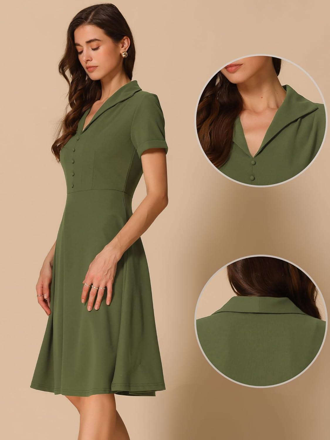 imageAllegra K Vintage Work Dresses for Womens 1950s Flat Collar Short Sleeve Fit and Flare DressArmy Green