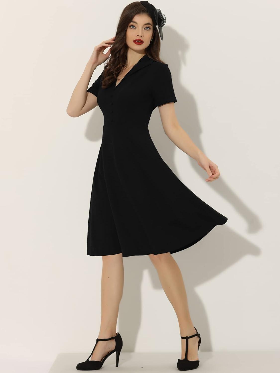 imageAllegra K Vintage Work Dresses for Womens 1950s Flat Collar Short Sleeve Fit and Flare DressBlack