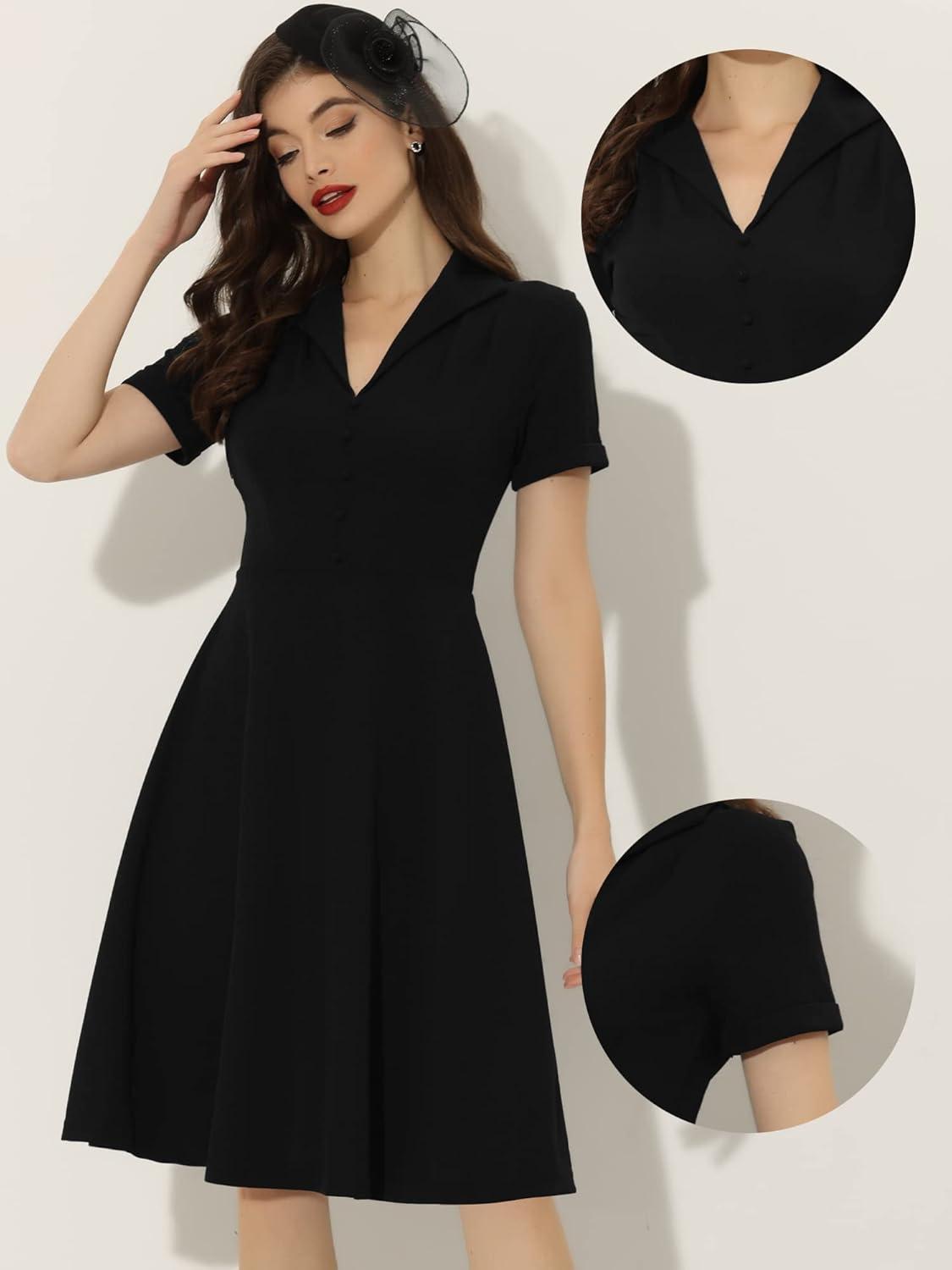 imageAllegra K Vintage Work Dresses for Womens 1950s Flat Collar Short Sleeve Fit and Flare DressBlack