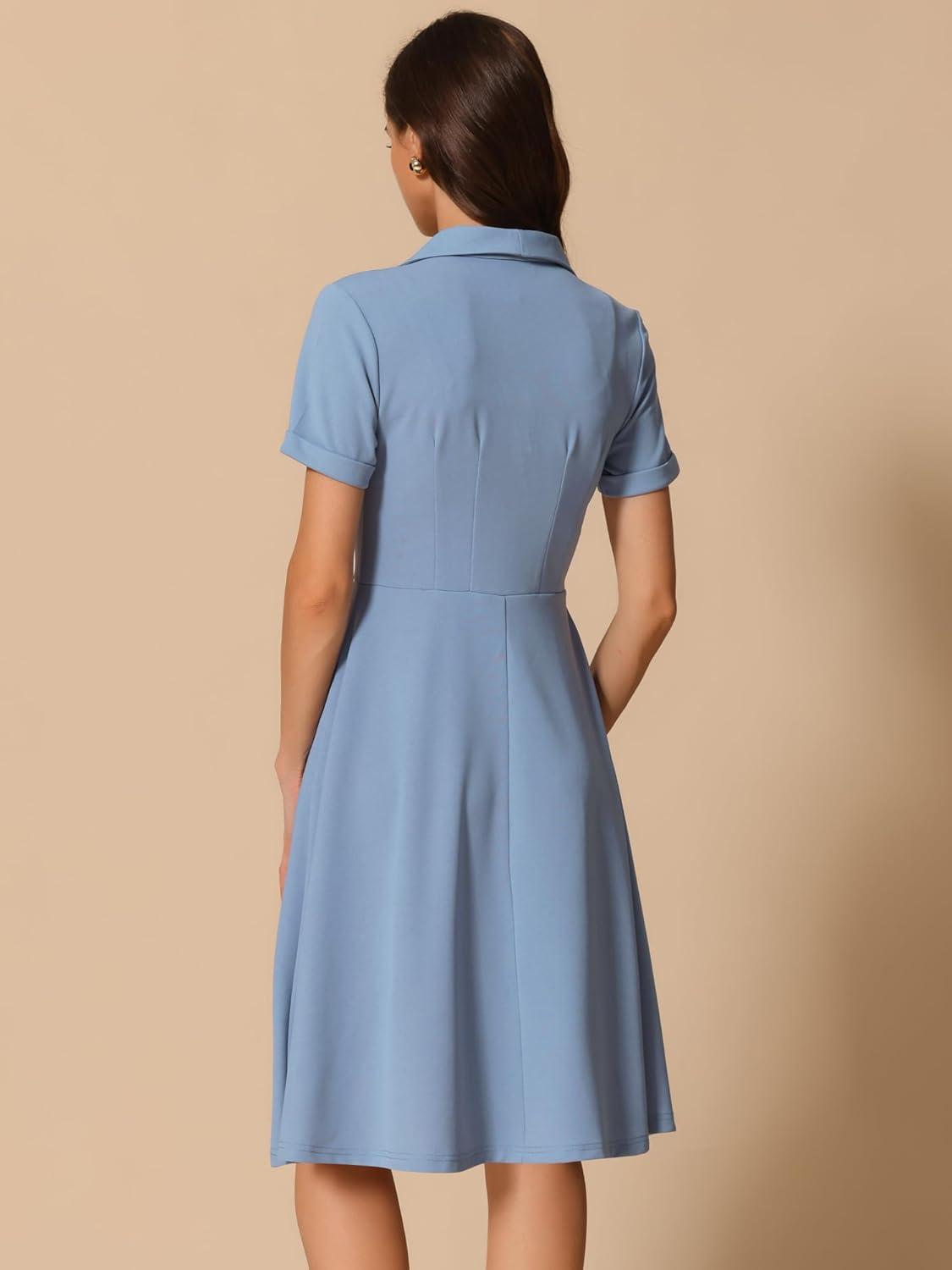 imageAllegra K Vintage Work Dresses for Womens 1950s Flat Collar Short Sleeve Fit and Flare DressBlue Gray