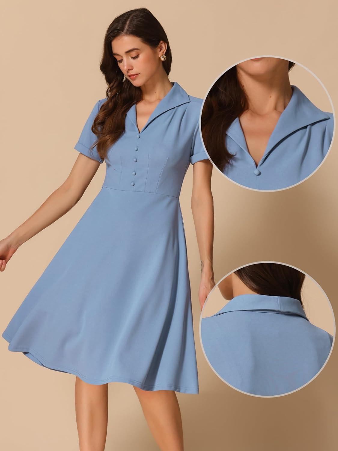 imageAllegra K Vintage Work Dresses for Womens 1950s Flat Collar Short Sleeve Fit and Flare DressBlue Gray