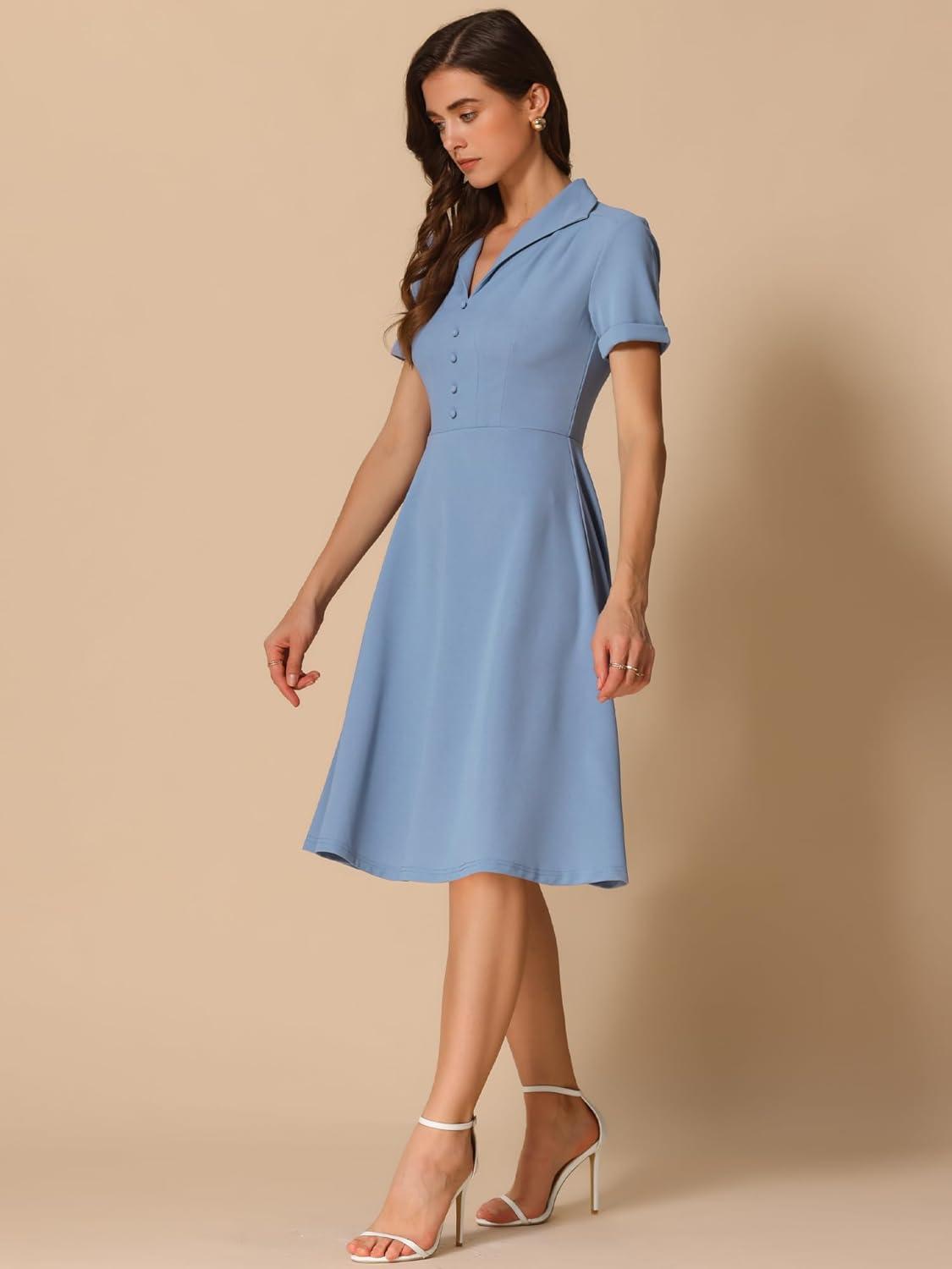 imageAllegra K Vintage Work Dresses for Womens 1950s Flat Collar Short Sleeve Fit and Flare DressBlue Gray