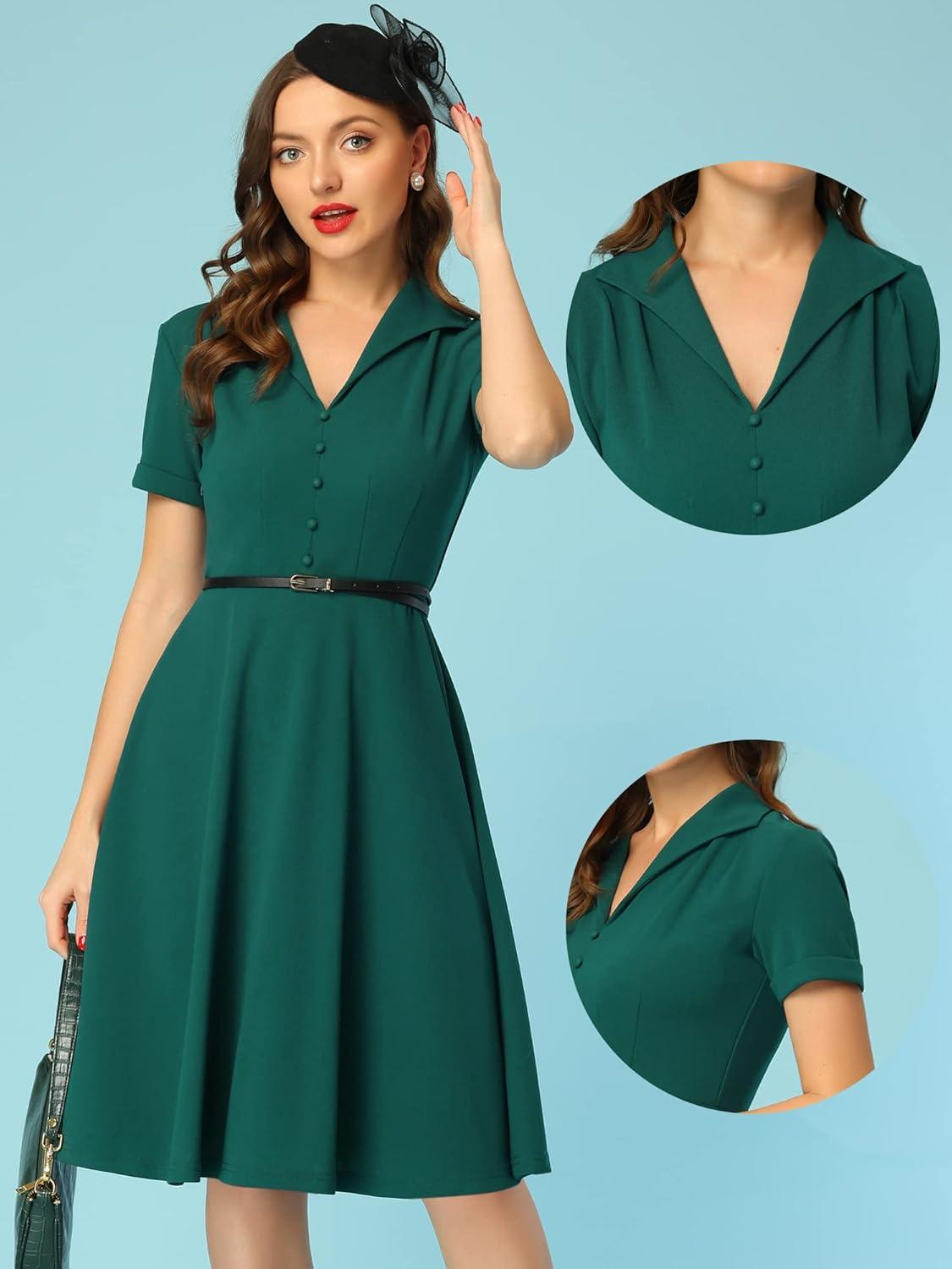 imageAllegra K Vintage Work Dresses for Womens 1950s Flat Collar Short Sleeve Fit and Flare DressDark Green