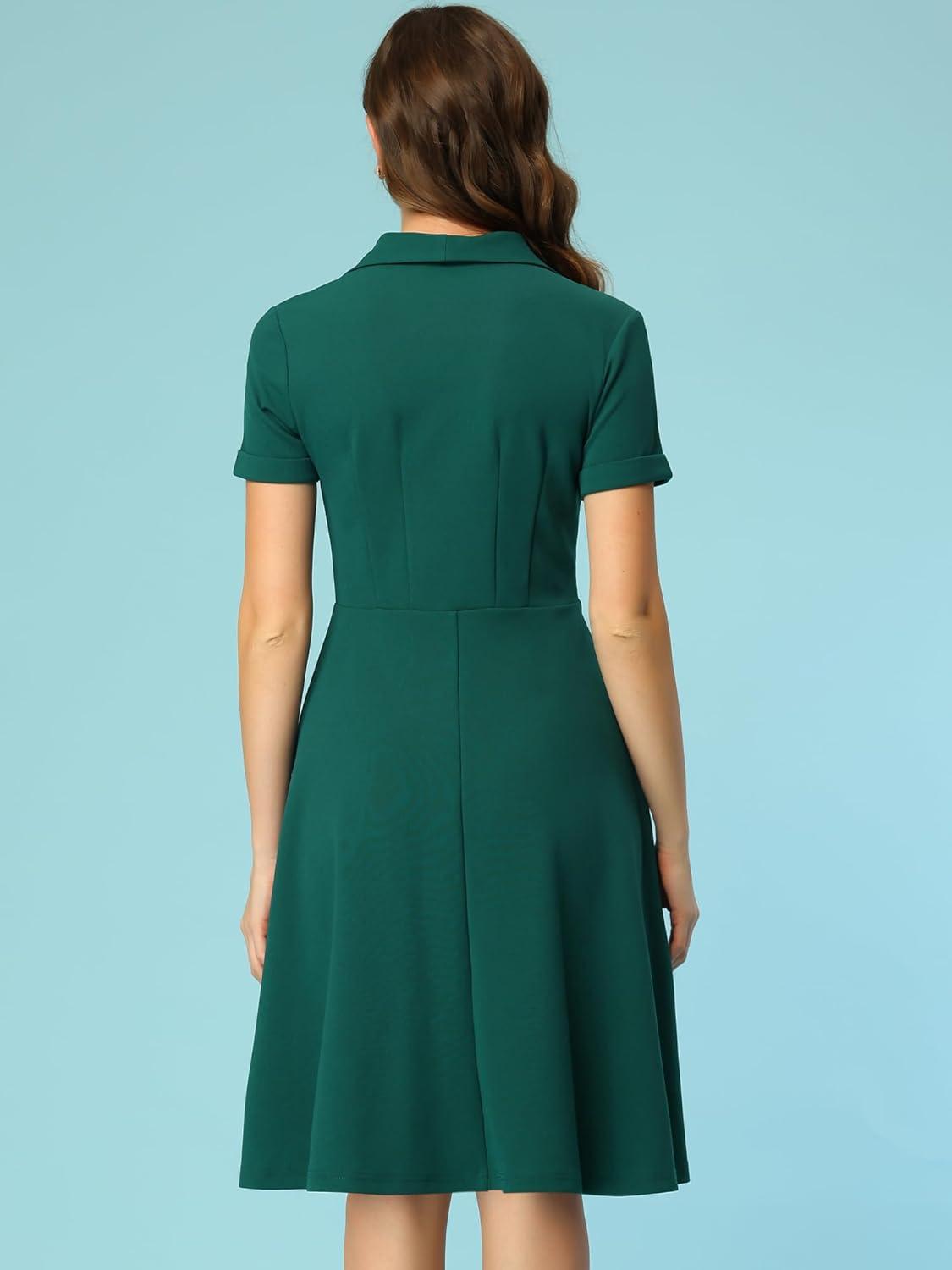 imageAllegra K Vintage Work Dresses for Womens 1950s Flat Collar Short Sleeve Fit and Flare DressDark Green