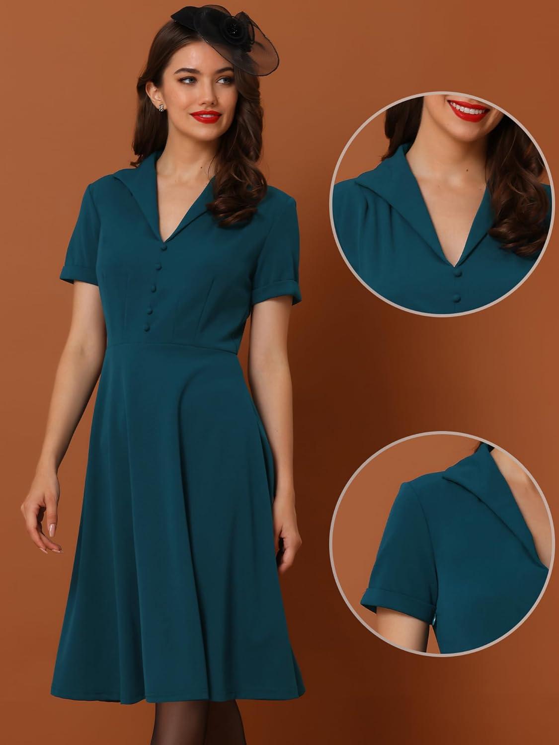 imageAllegra K Vintage Work Dresses for Womens 1950s Flat Collar Short Sleeve Fit and Flare DressPeacock Blue