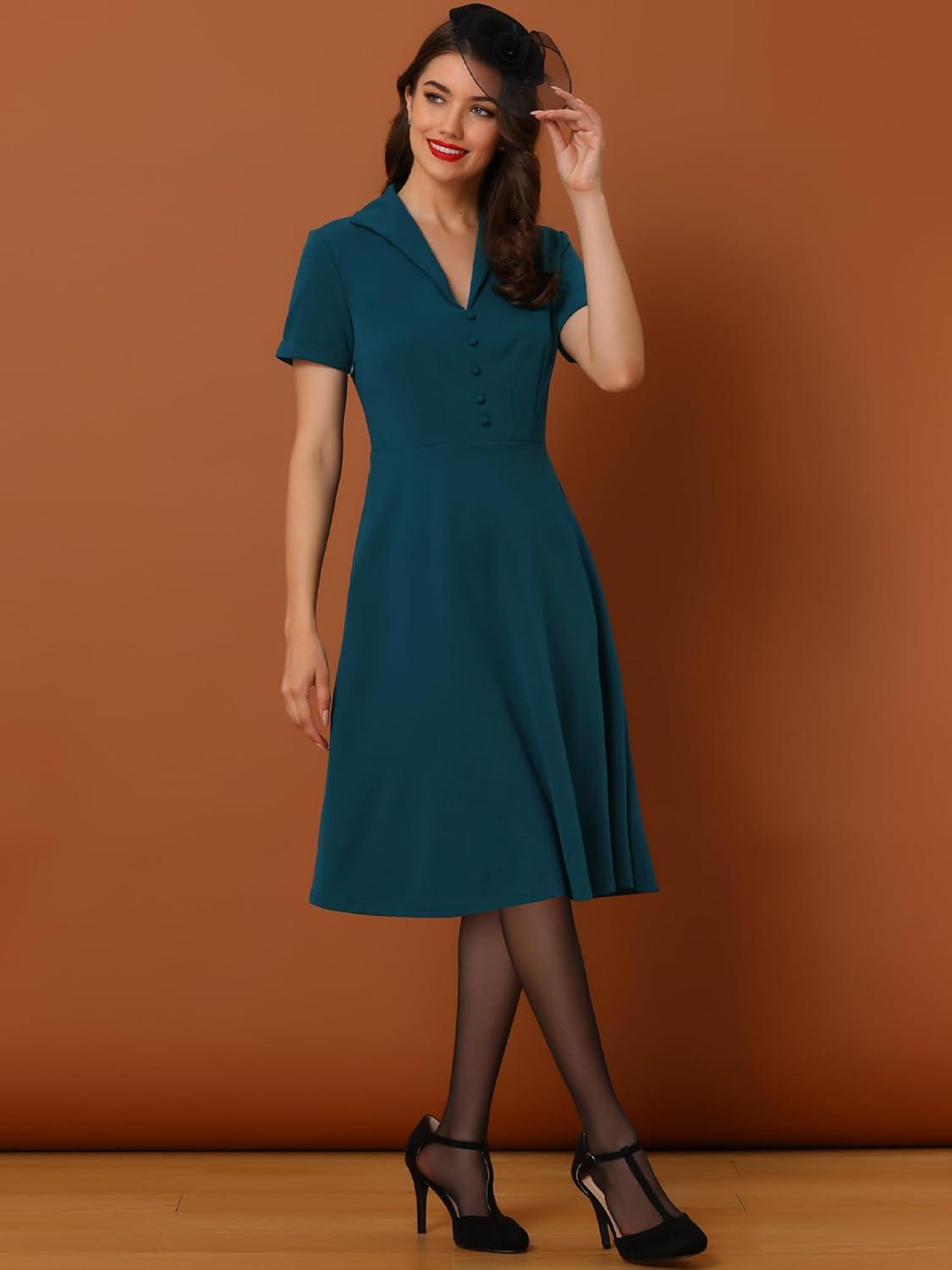 imageAllegra K Vintage Work Dresses for Womens 1950s Flat Collar Short Sleeve Fit and Flare DressPeacock Blue