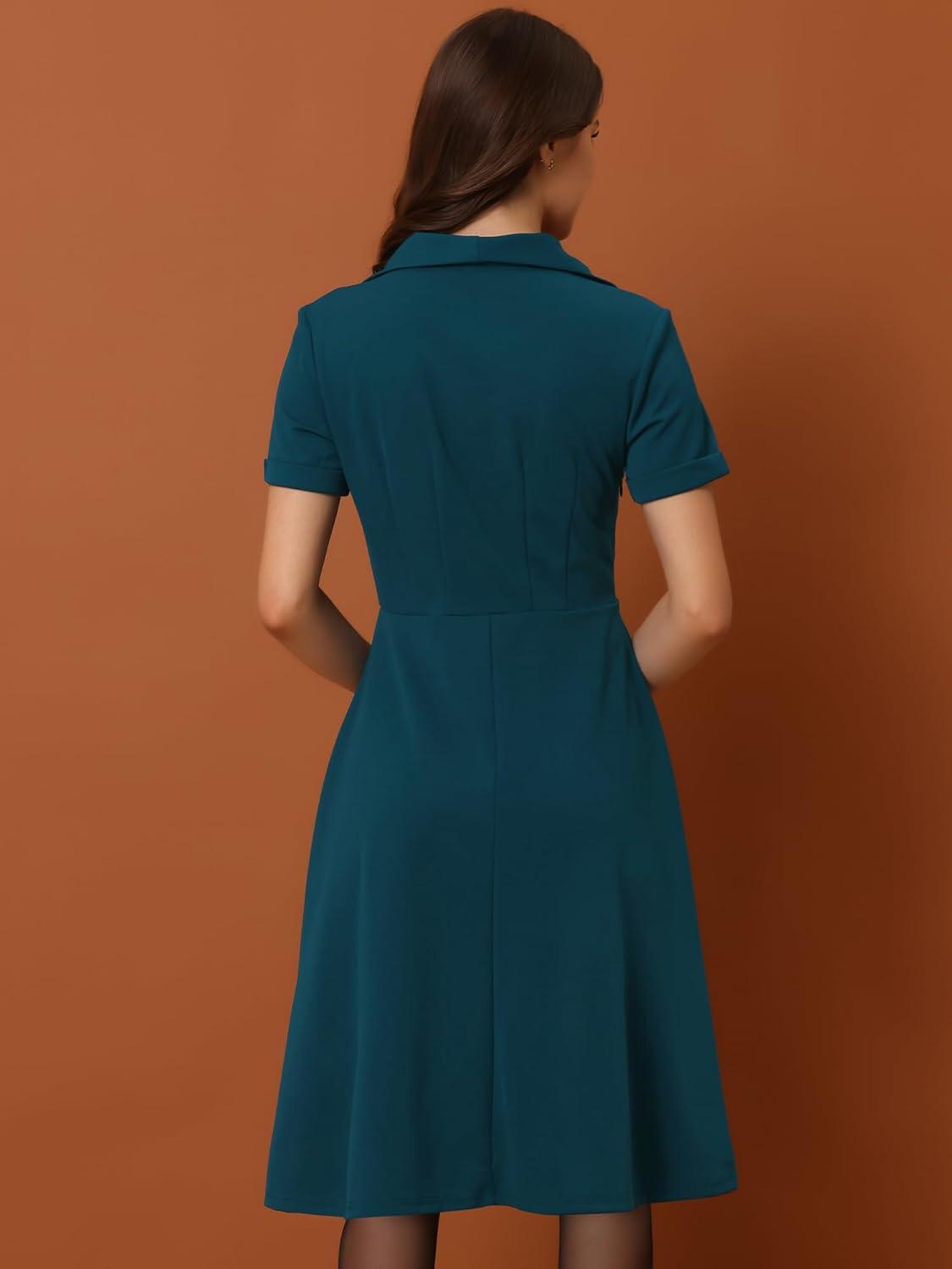 imageAllegra K Vintage Work Dresses for Womens 1950s Flat Collar Short Sleeve Fit and Flare DressPeacock Blue