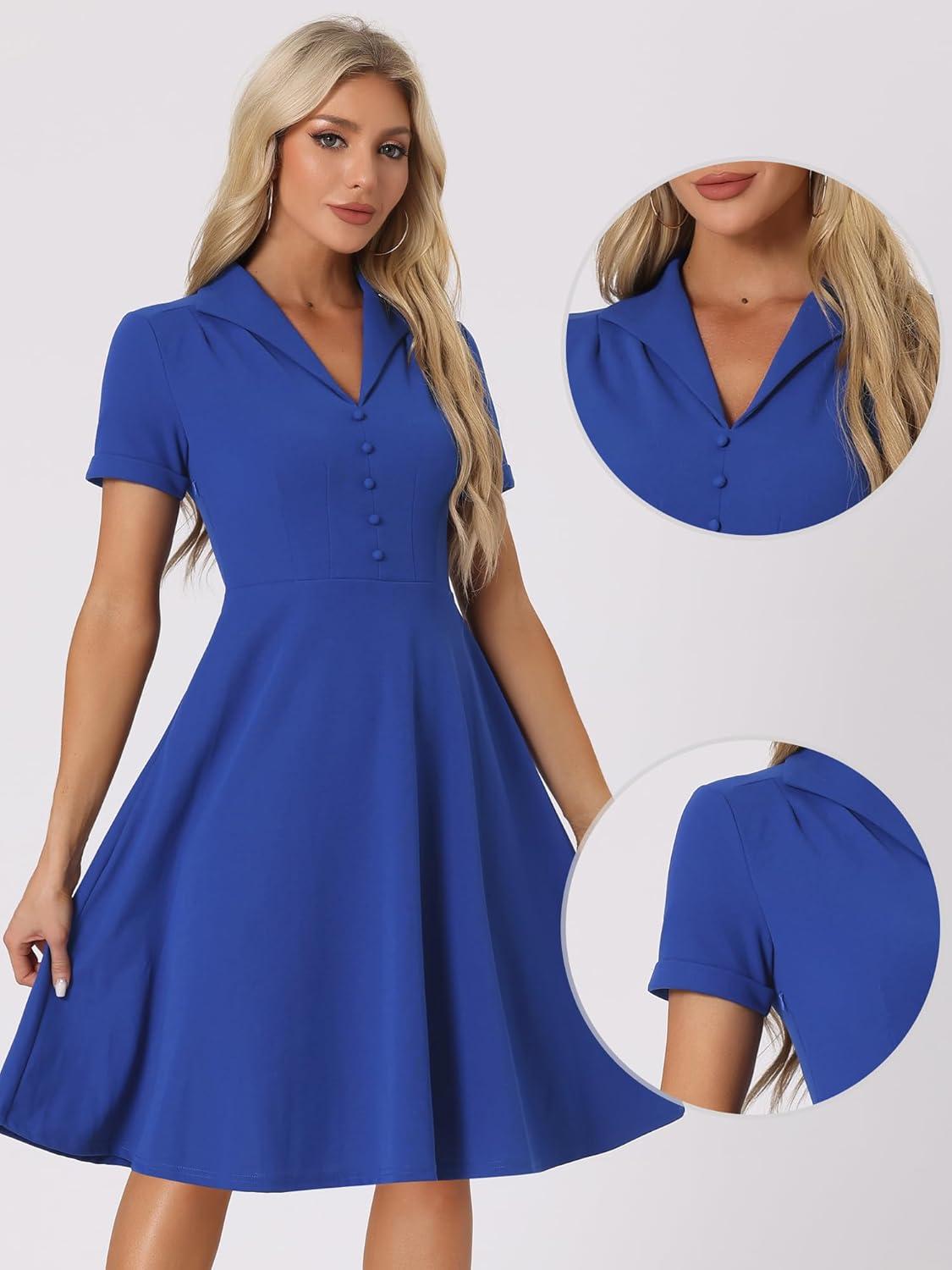 imageAllegra K Vintage Work Dresses for Womens 1950s Flat Collar Short Sleeve Fit and Flare DressRoyal Blue