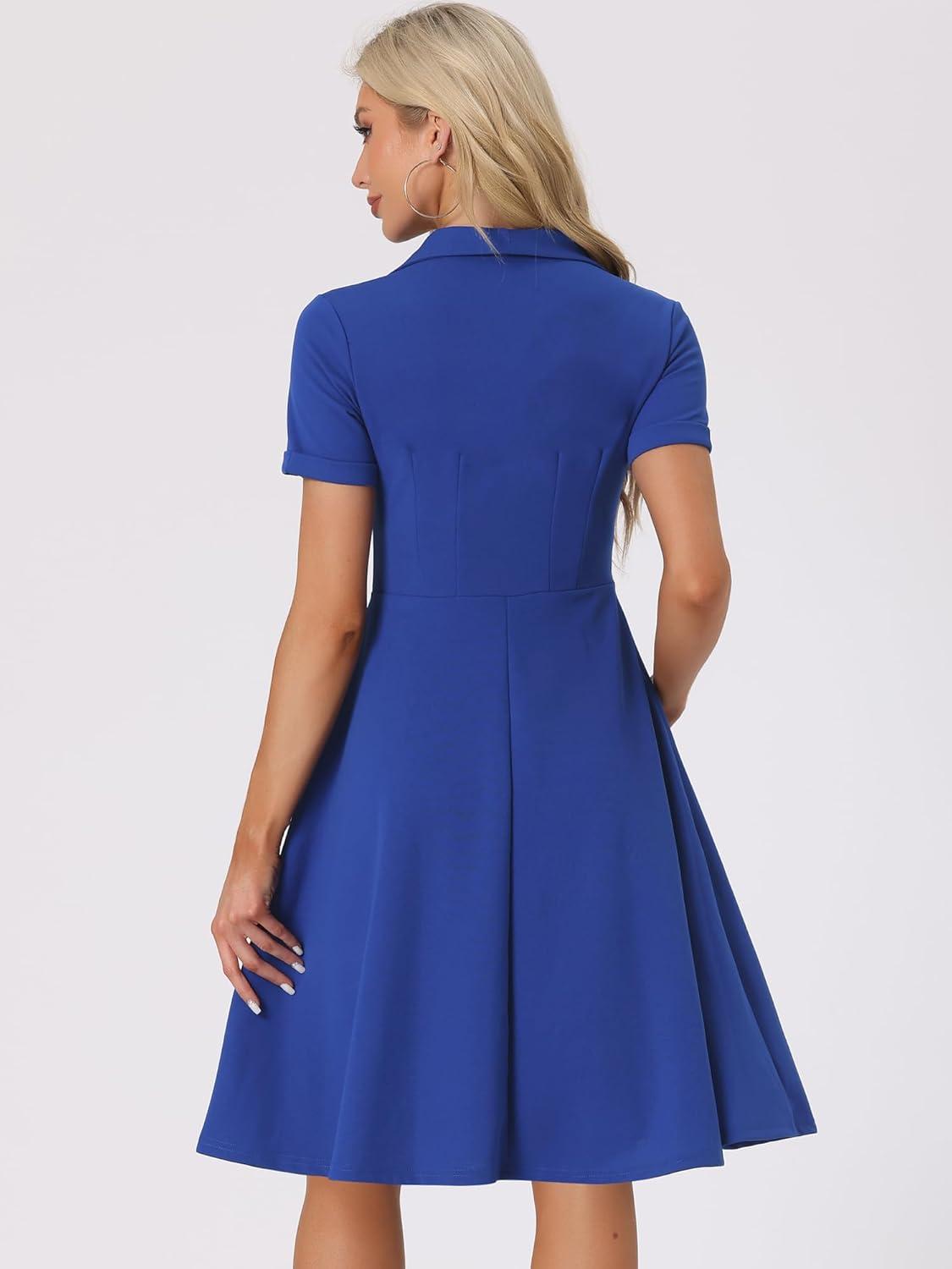 imageAllegra K Vintage Work Dresses for Womens 1950s Flat Collar Short Sleeve Fit and Flare DressRoyal Blue