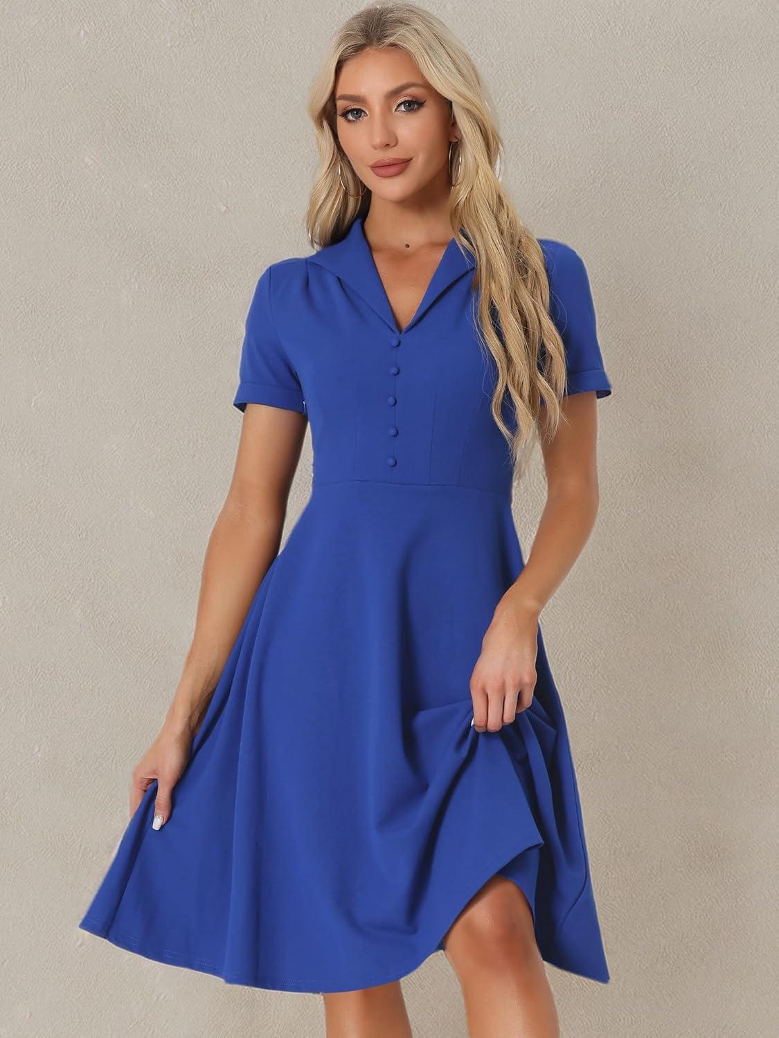 imageAllegra K Vintage Work Dresses for Womens 1950s Flat Collar Short Sleeve Fit and Flare DressRoyal Blue