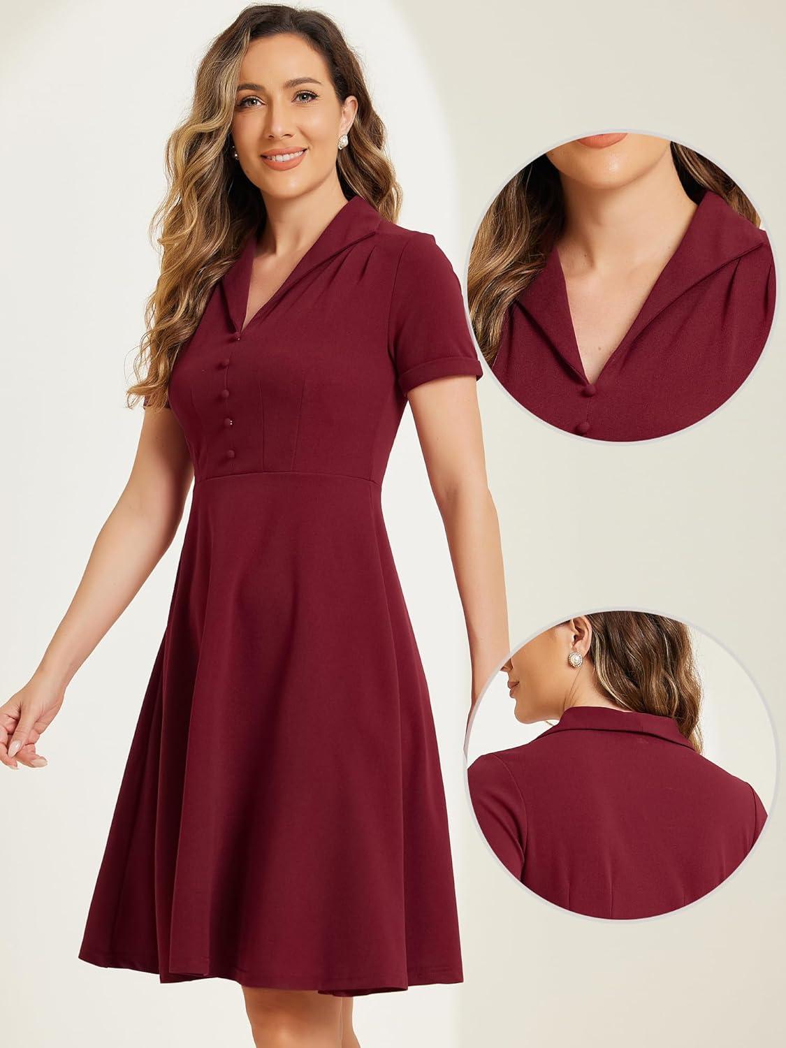 imageAllegra K Vintage Work Dresses for Womens 1950s Flat Collar Short Sleeve Fit and Flare DressWine Red
