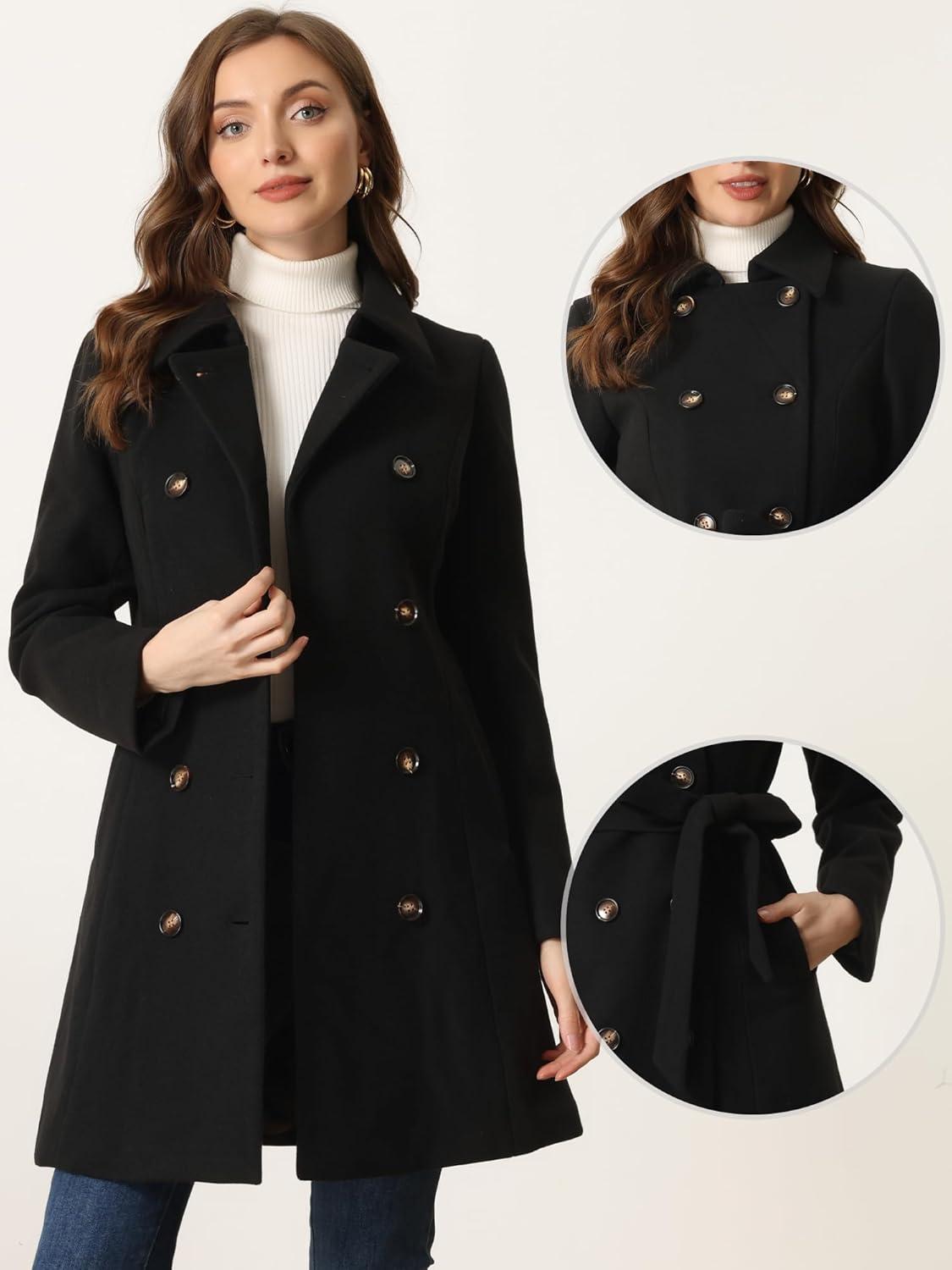 imageAllegra K Winter Trench Coat for Women Overcoat Belted Outwear Double Breasted Mid Long Pea CoatBlack