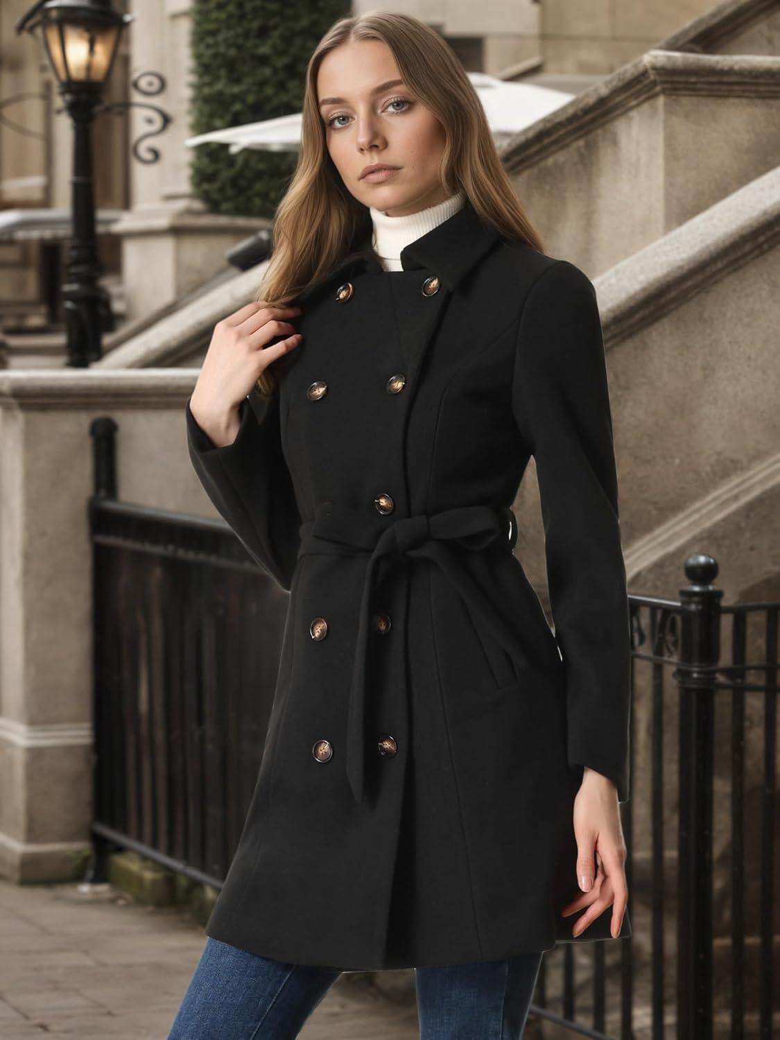 imageAllegra K Winter Trench Coat for Women Overcoat Belted Outwear Double Breasted Mid Long Pea CoatBlack