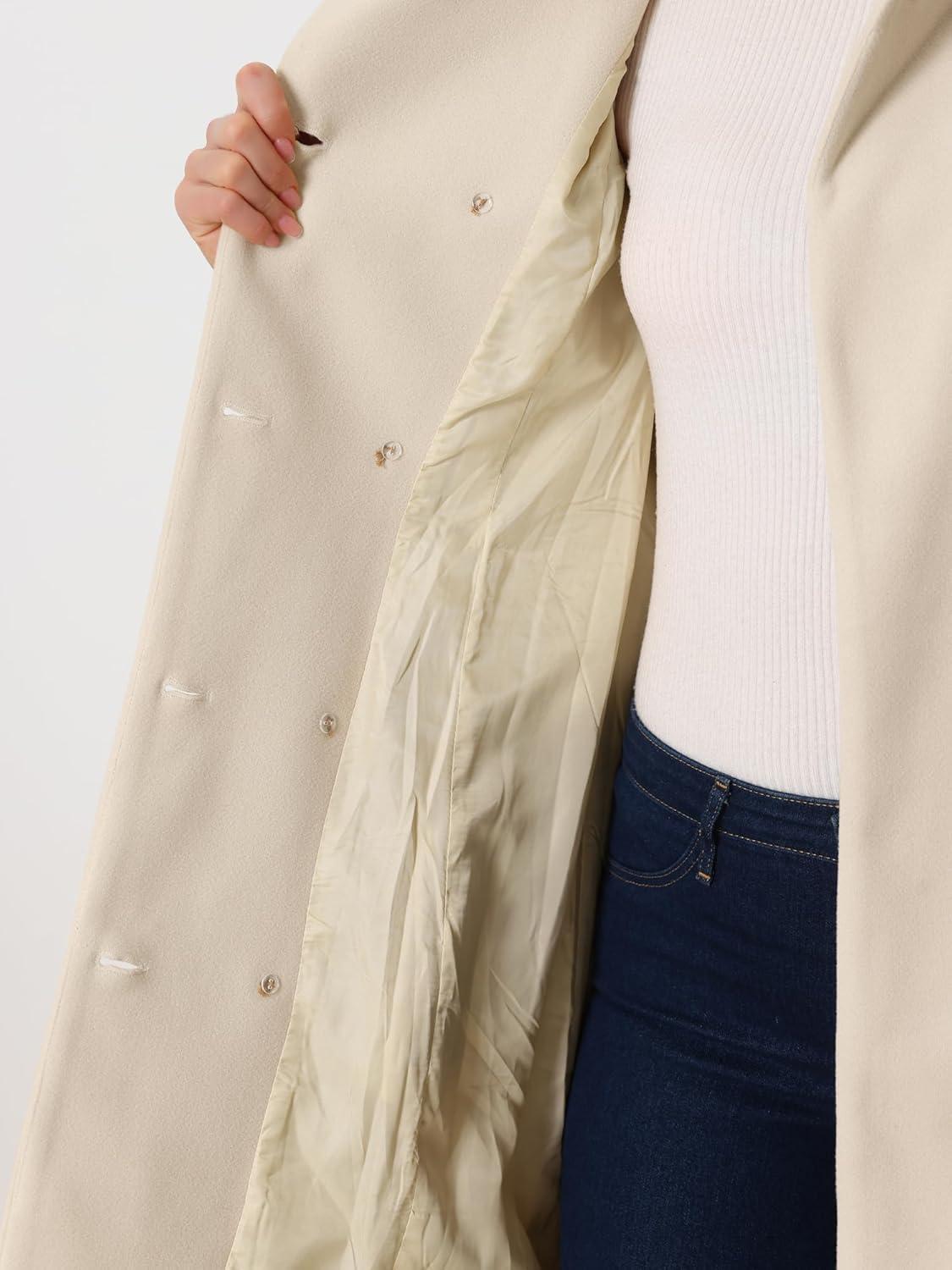 imageAllegra K Winter Trench Coat for Women Overcoat Belted Outwear Double Breasted Mid Long Pea CoatCream White