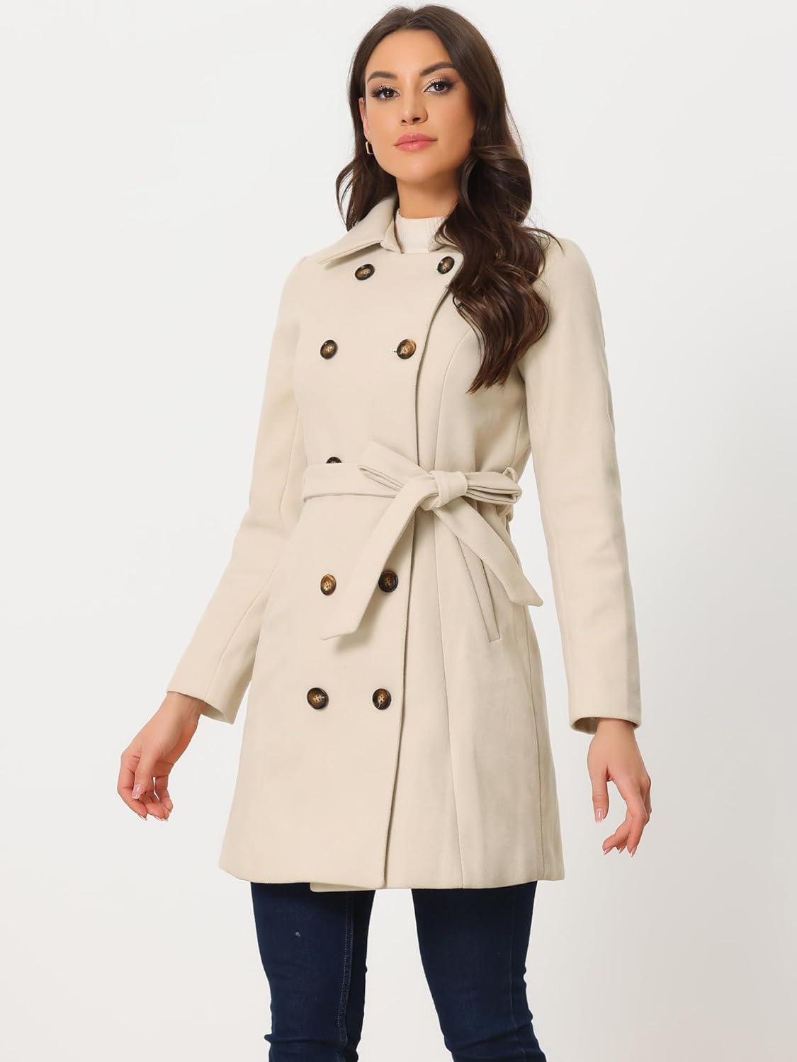 imageAllegra K Winter Trench Coat for Women Overcoat Belted Outwear Double Breasted Mid Long Pea CoatCream White