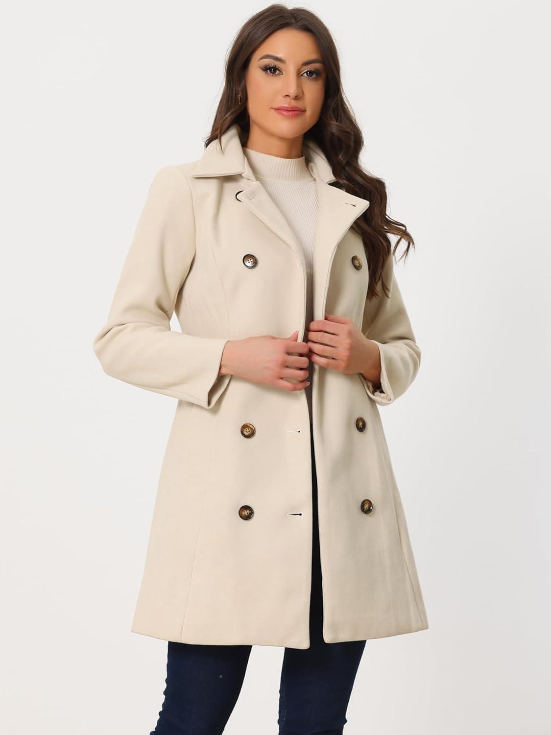 imageAllegra K Winter Trench Coat for Women Overcoat Belted Outwear Double Breasted Mid Long Pea CoatCream White