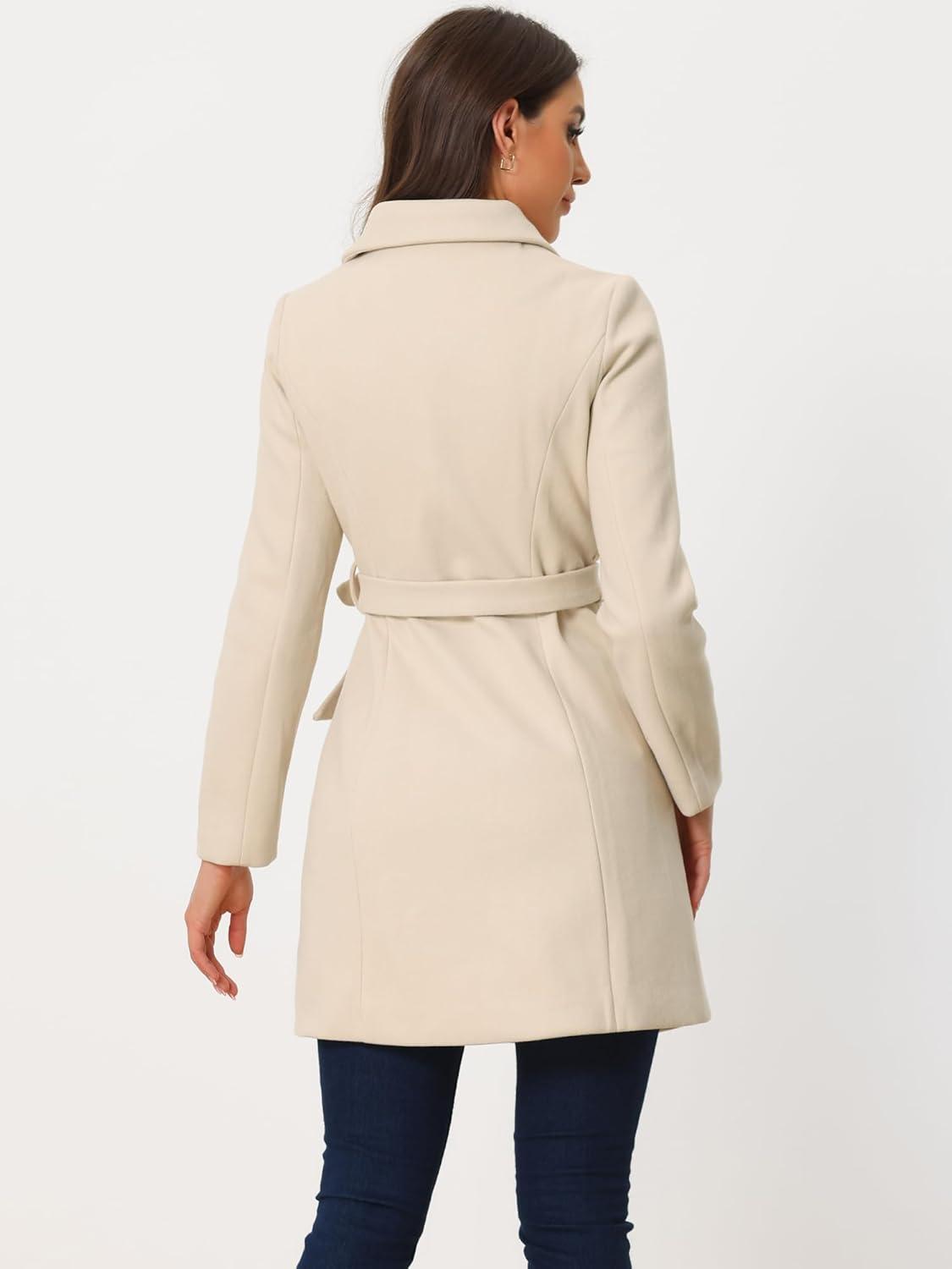 imageAllegra K Winter Trench Coat for Women Overcoat Belted Outwear Double Breasted Mid Long Pea CoatCream White