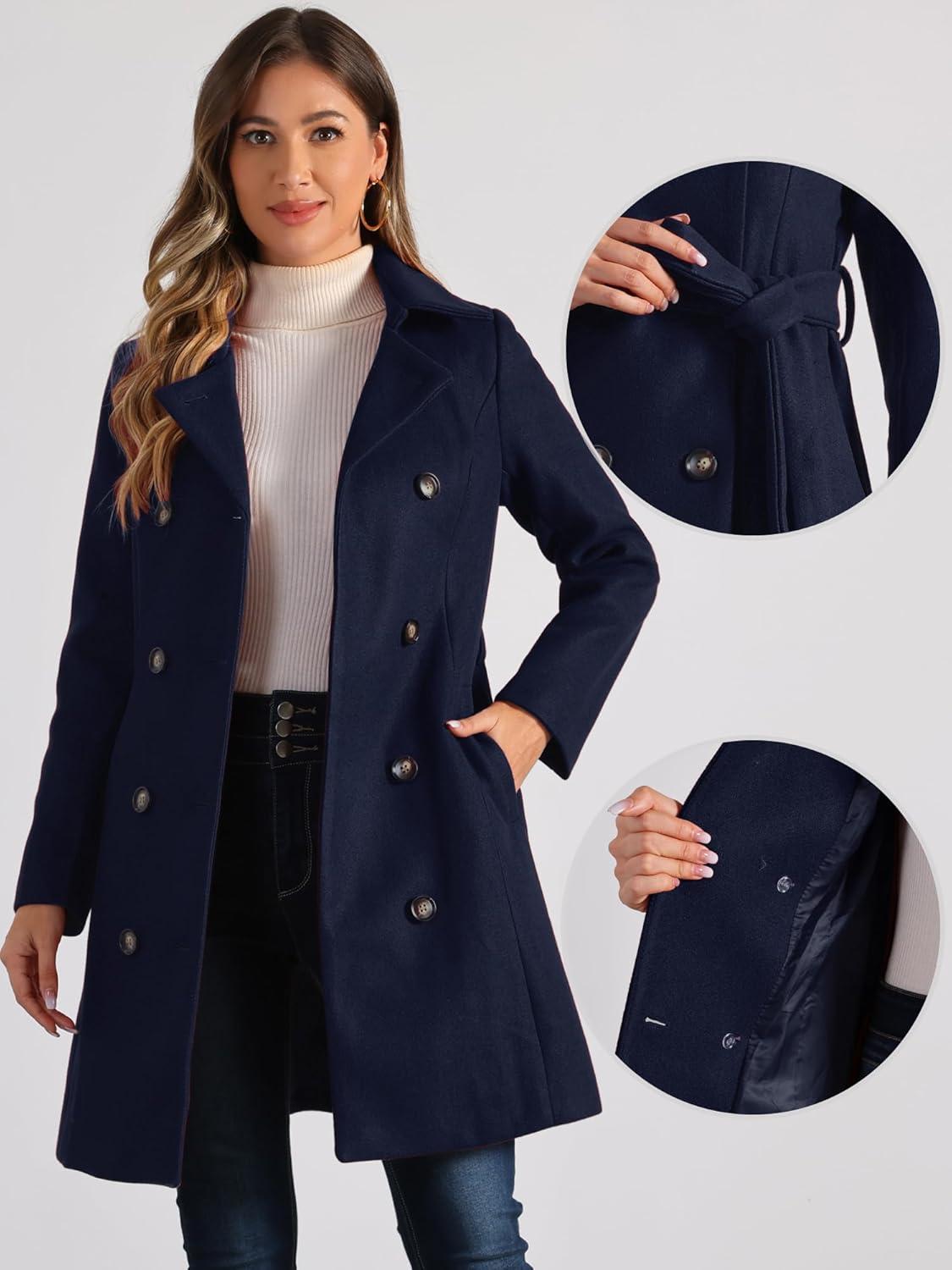 imageAllegra K Winter Trench Coat for Women Overcoat Belted Outwear Double Breasted Mid Long Pea CoatDark Blue