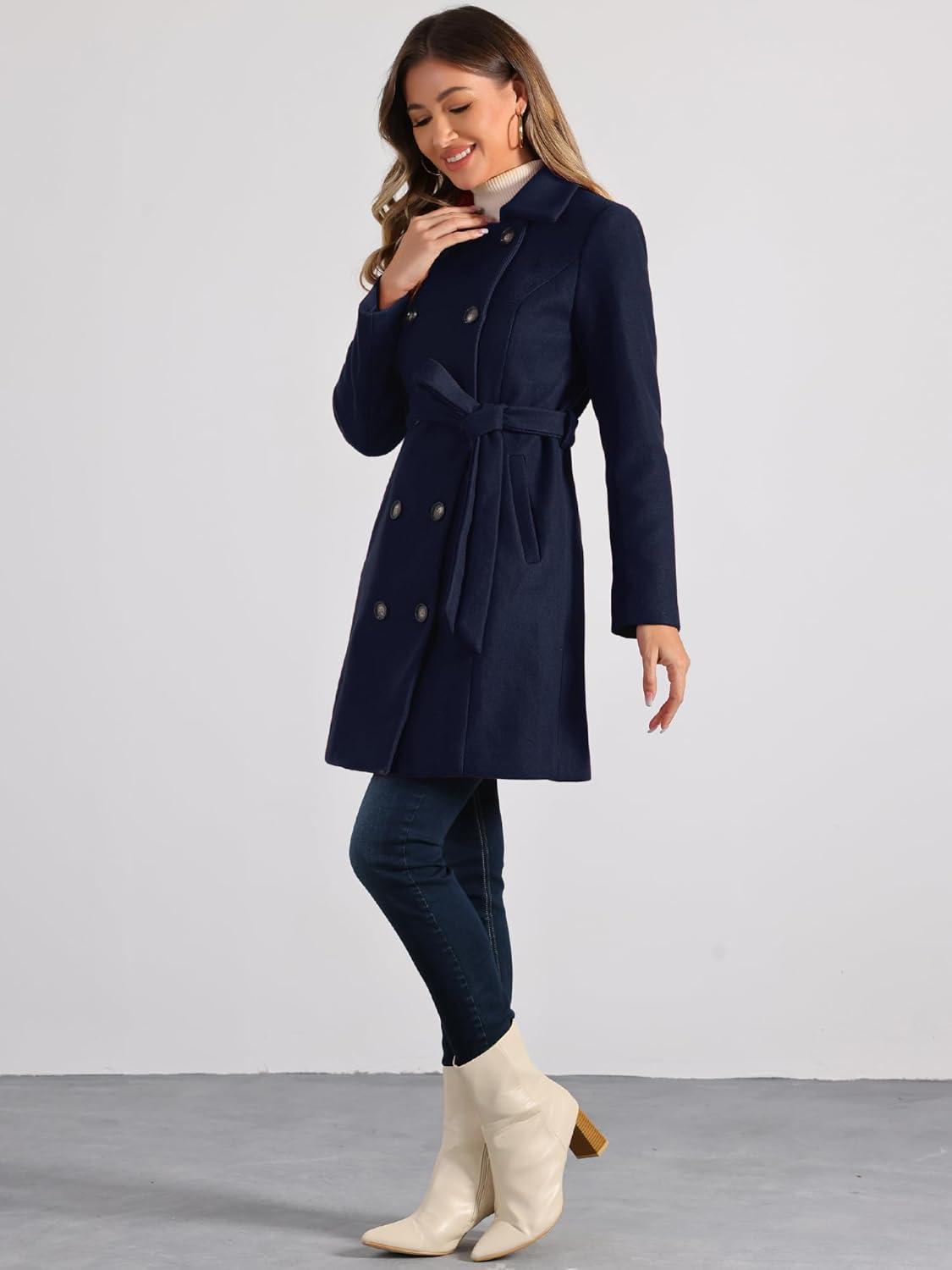 imageAllegra K Winter Trench Coat for Women Overcoat Belted Outwear Double Breasted Mid Long Pea CoatDark Blue