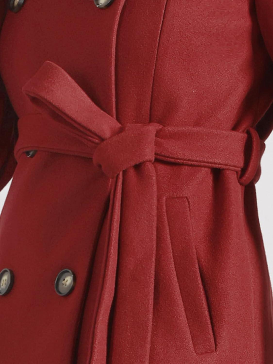 imageAllegra K Winter Trench Coat for Women Overcoat Belted Outwear Double Breasted Mid Long Pea CoatDark Red