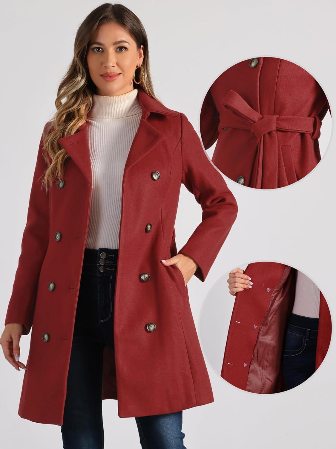 imageAllegra K Winter Trench Coat for Women Overcoat Belted Outwear Double Breasted Mid Long Pea CoatDark Red