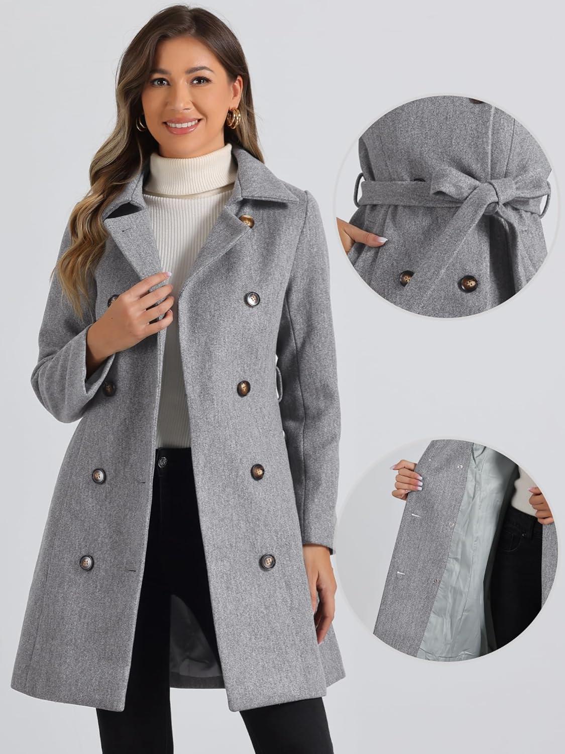 imageAllegra K Winter Trench Coat for Women Overcoat Belted Outwear Double Breasted Mid Long Pea CoatGrey
