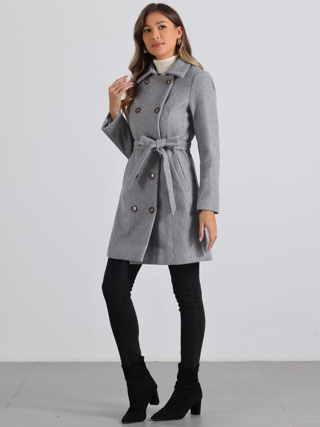 imageAllegra K Winter Trench Coat for Women Overcoat Belted Outwear Double Breasted Mid Long Pea CoatGrey