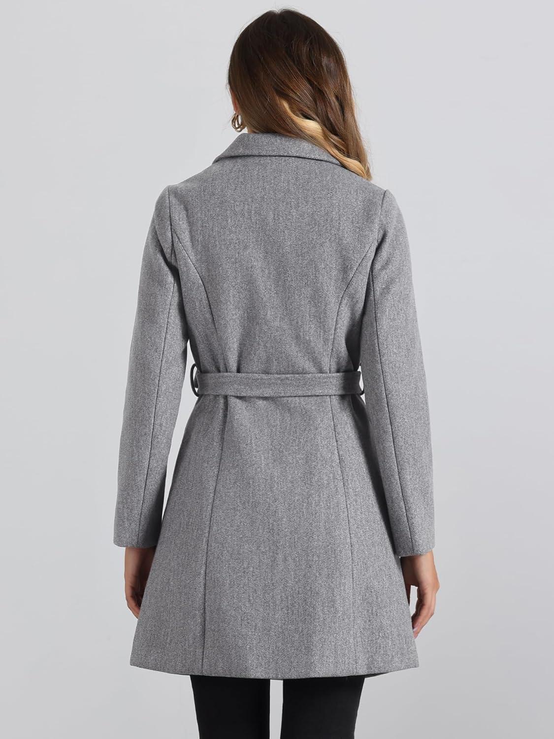 imageAllegra K Winter Trench Coat for Women Overcoat Belted Outwear Double Breasted Mid Long Pea CoatGrey