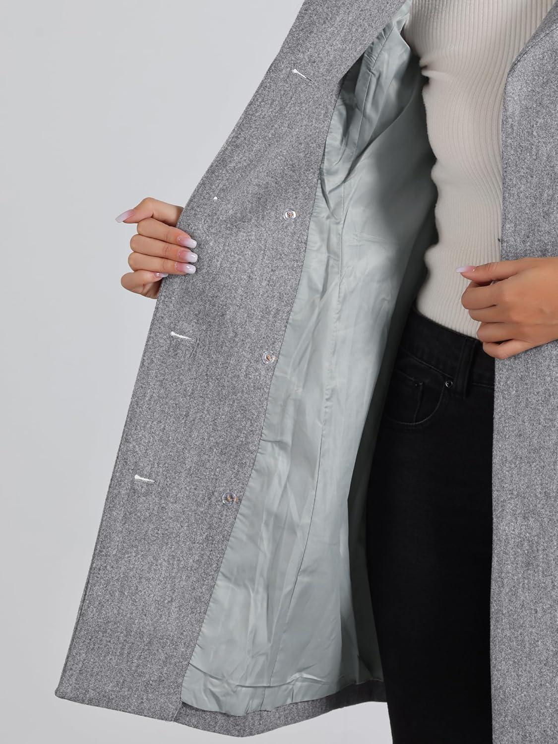 imageAllegra K Winter Trench Coat for Women Overcoat Belted Outwear Double Breasted Mid Long Pea CoatGrey