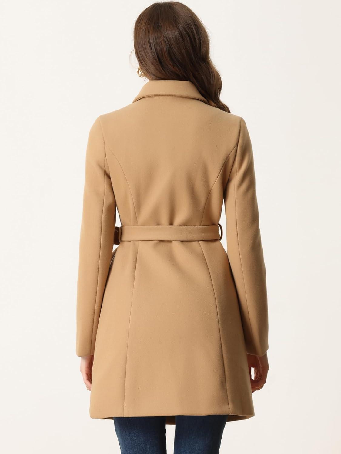 imageAllegra K Winter Trench Coat for Women Overcoat Belted Outwear Double Breasted Mid Long Pea CoatKhaki