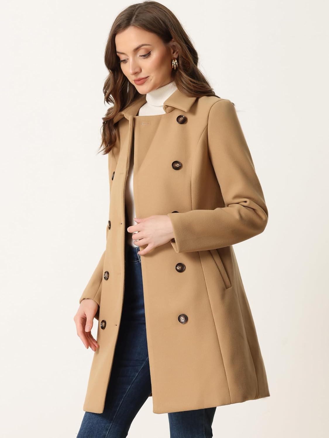 imageAllegra K Winter Trench Coat for Women Overcoat Belted Outwear Double Breasted Mid Long Pea CoatKhaki