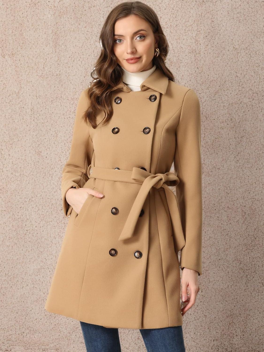imageAllegra K Winter Trench Coat for Women Overcoat Belted Outwear Double Breasted Mid Long Pea CoatKhaki