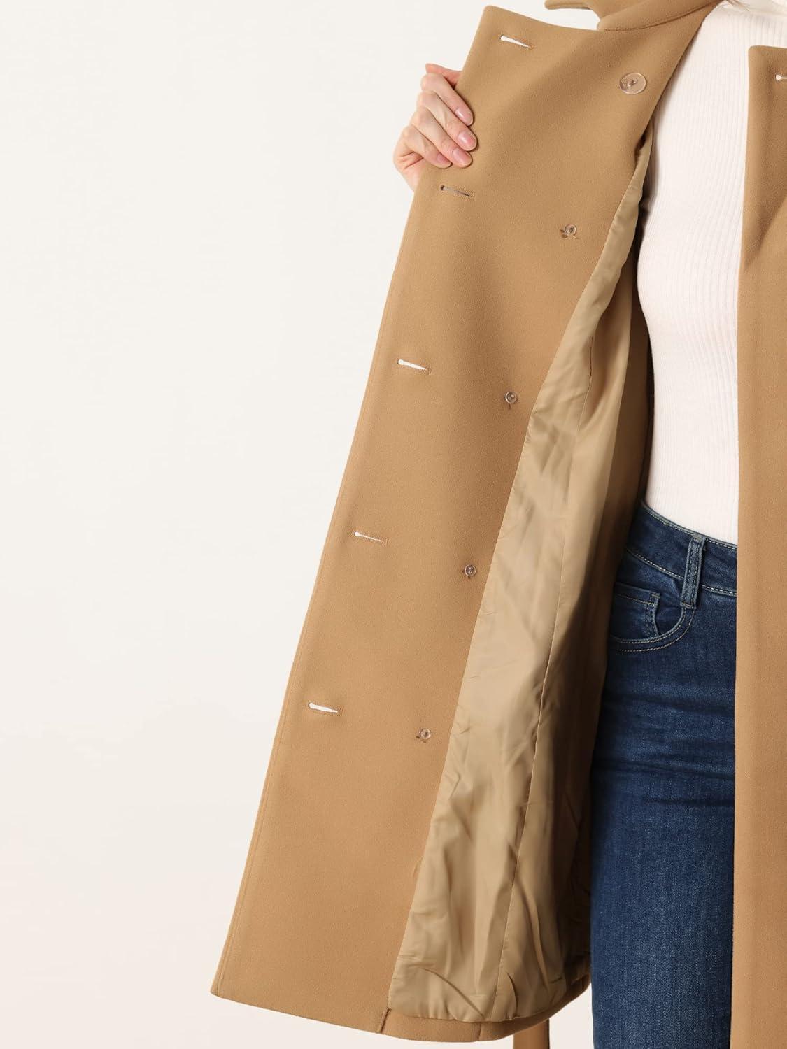 imageAllegra K Winter Trench Coat for Women Overcoat Belted Outwear Double Breasted Mid Long Pea CoatKhaki