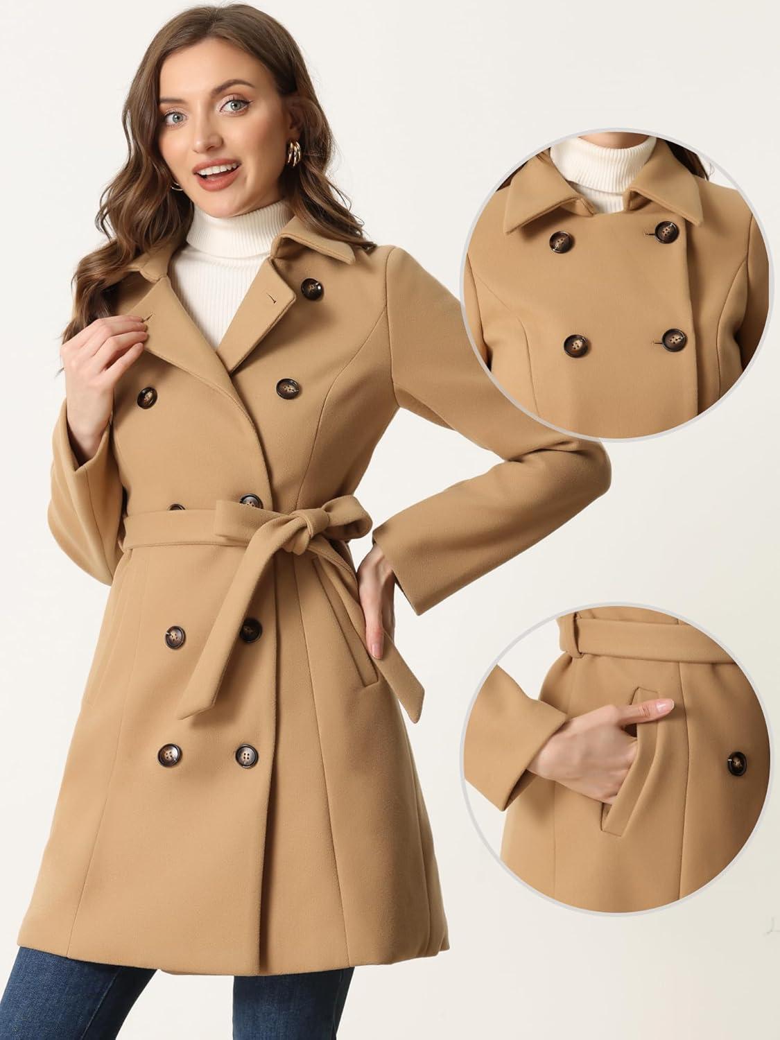 imageAllegra K Winter Trench Coat for Women Overcoat Belted Outwear Double Breasted Mid Long Pea CoatKhaki