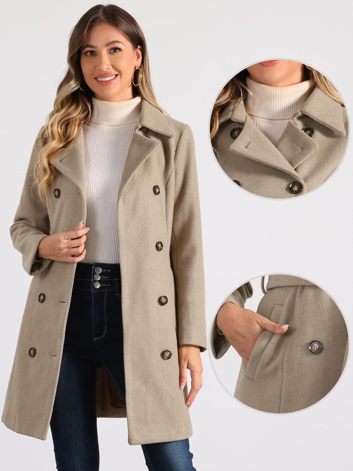 imageAllegra K Winter Trench Coat for Women Overcoat Belted Outwear Double Breasted Mid Long Pea CoatLight Brown