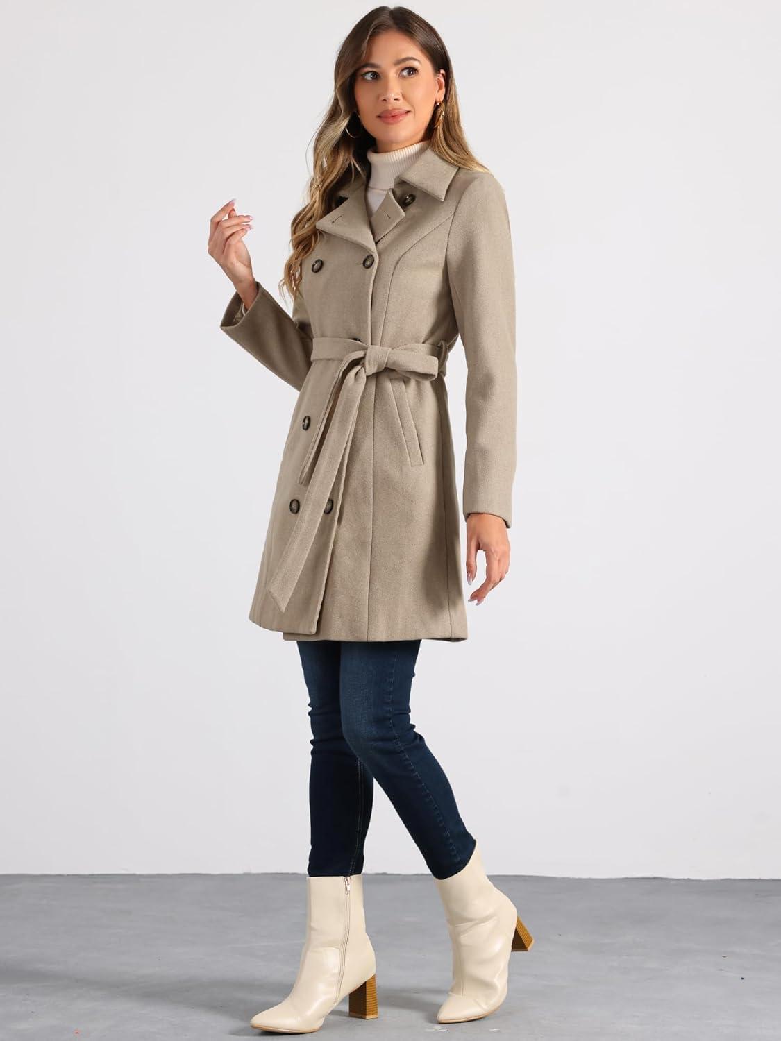 imageAllegra K Winter Trench Coat for Women Overcoat Belted Outwear Double Breasted Mid Long Pea CoatLight Brown