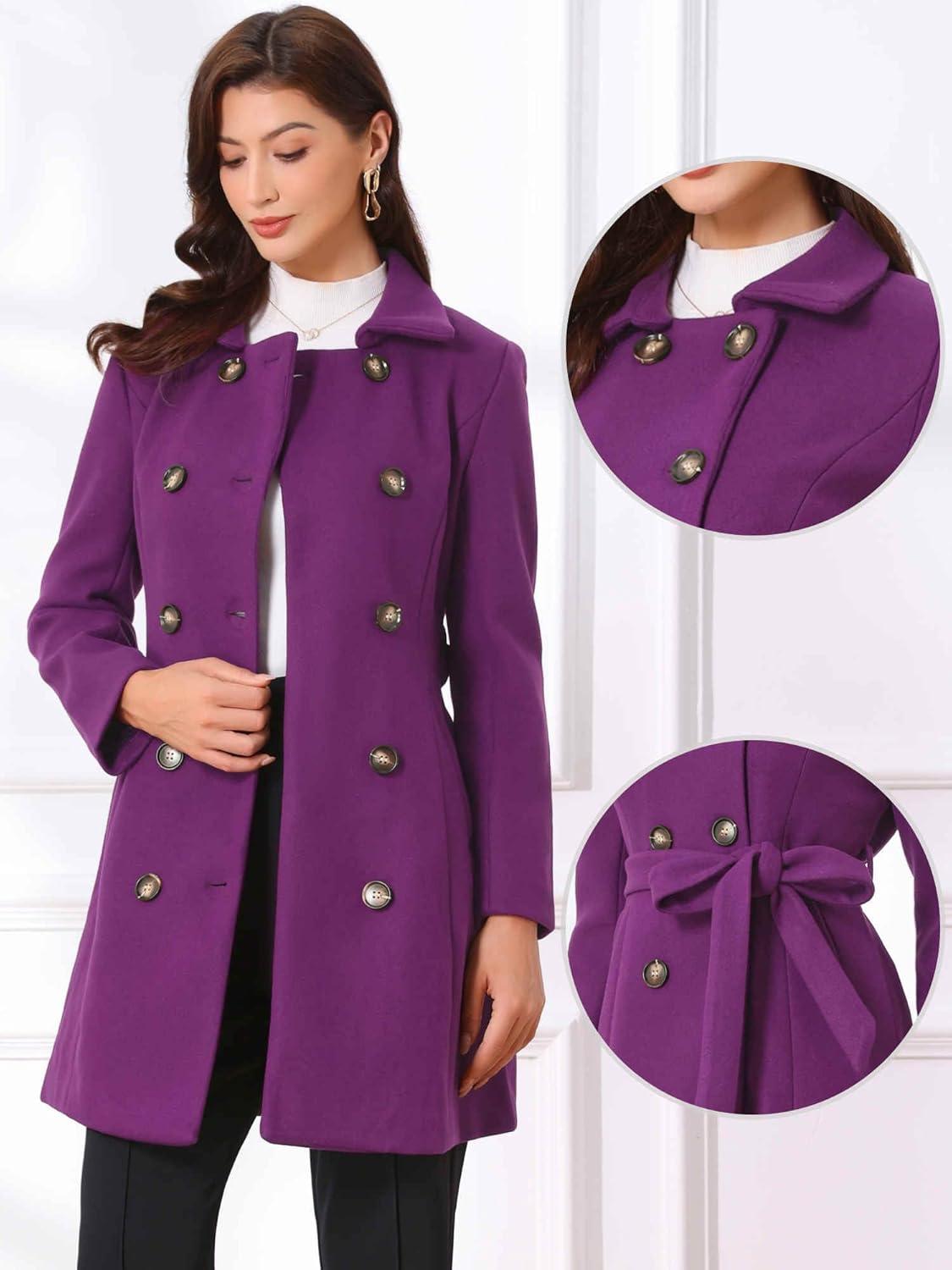 imageAllegra K Winter Trench Coat for Women Overcoat Belted Outwear Double Breasted Mid Long Pea CoatPurple