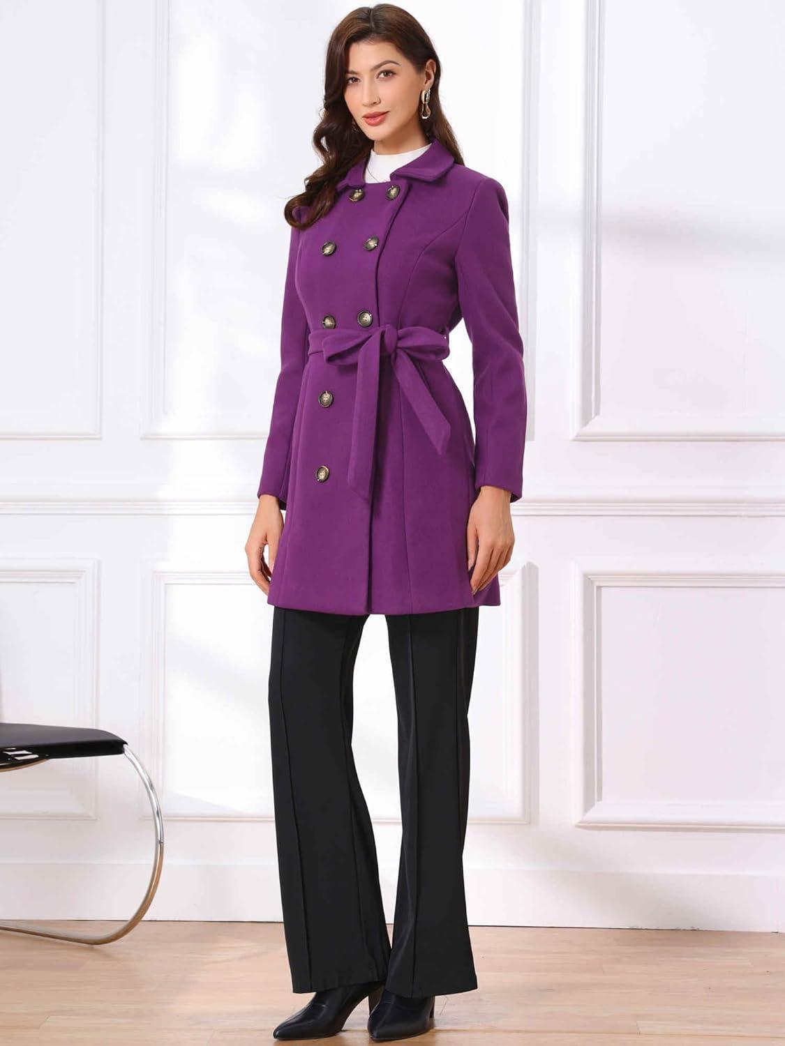 imageAllegra K Winter Trench Coat for Women Overcoat Belted Outwear Double Breasted Mid Long Pea CoatPurple