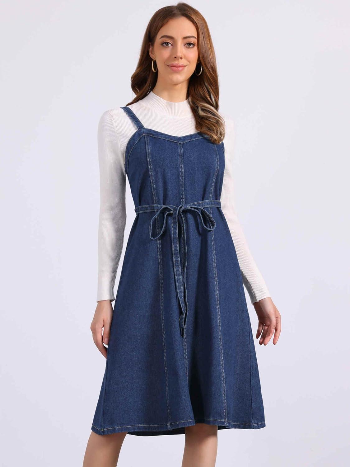 imageAllegra K Women Midi Denim Dress Sleeveless Sweetheart Neck Smocked Cross Back ALine Belted Jean DressesDark Blue