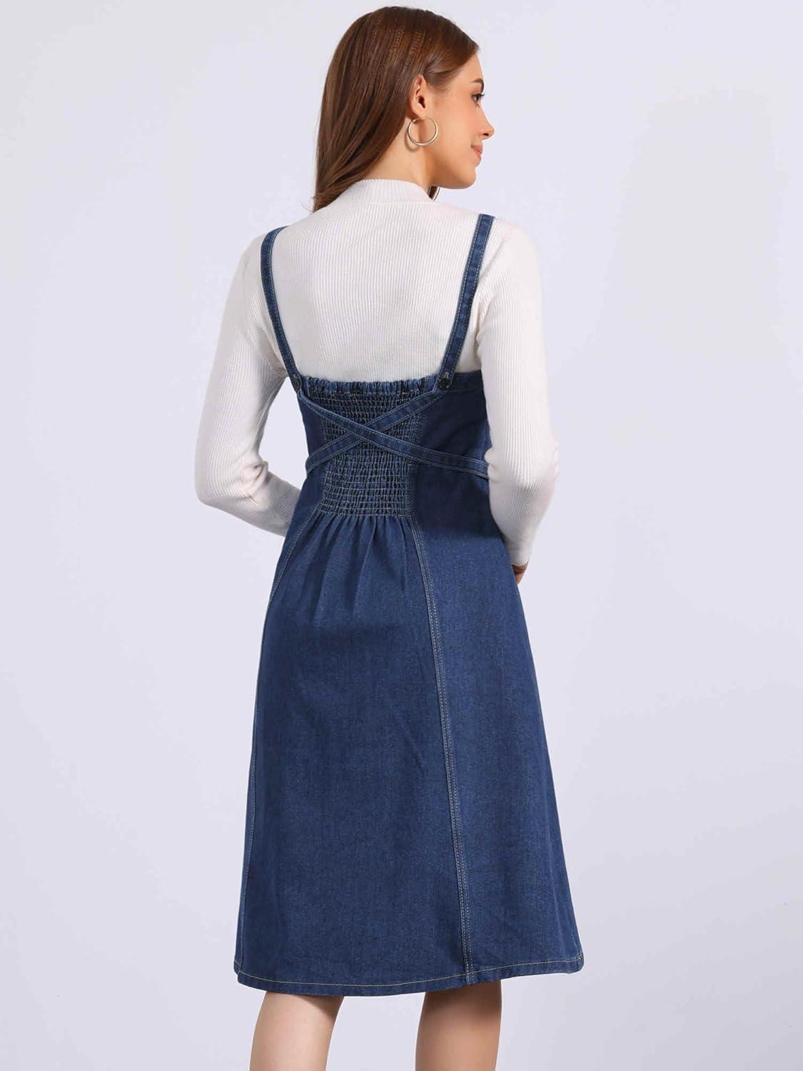imageAllegra K Women Midi Denim Dress Sleeveless Sweetheart Neck Smocked Cross Back ALine Belted Jean DressesDark Blue