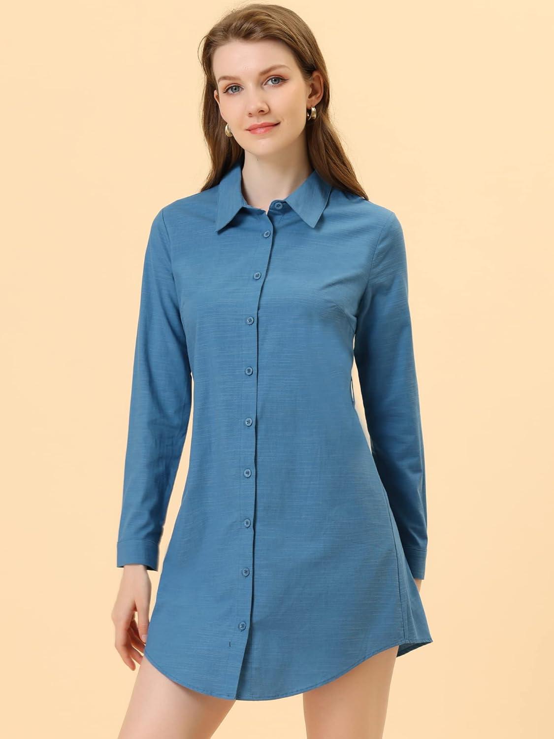 imageAllegra K Womens Belted Roll Up Sleeve Button Up Collared Shirt DressBlue