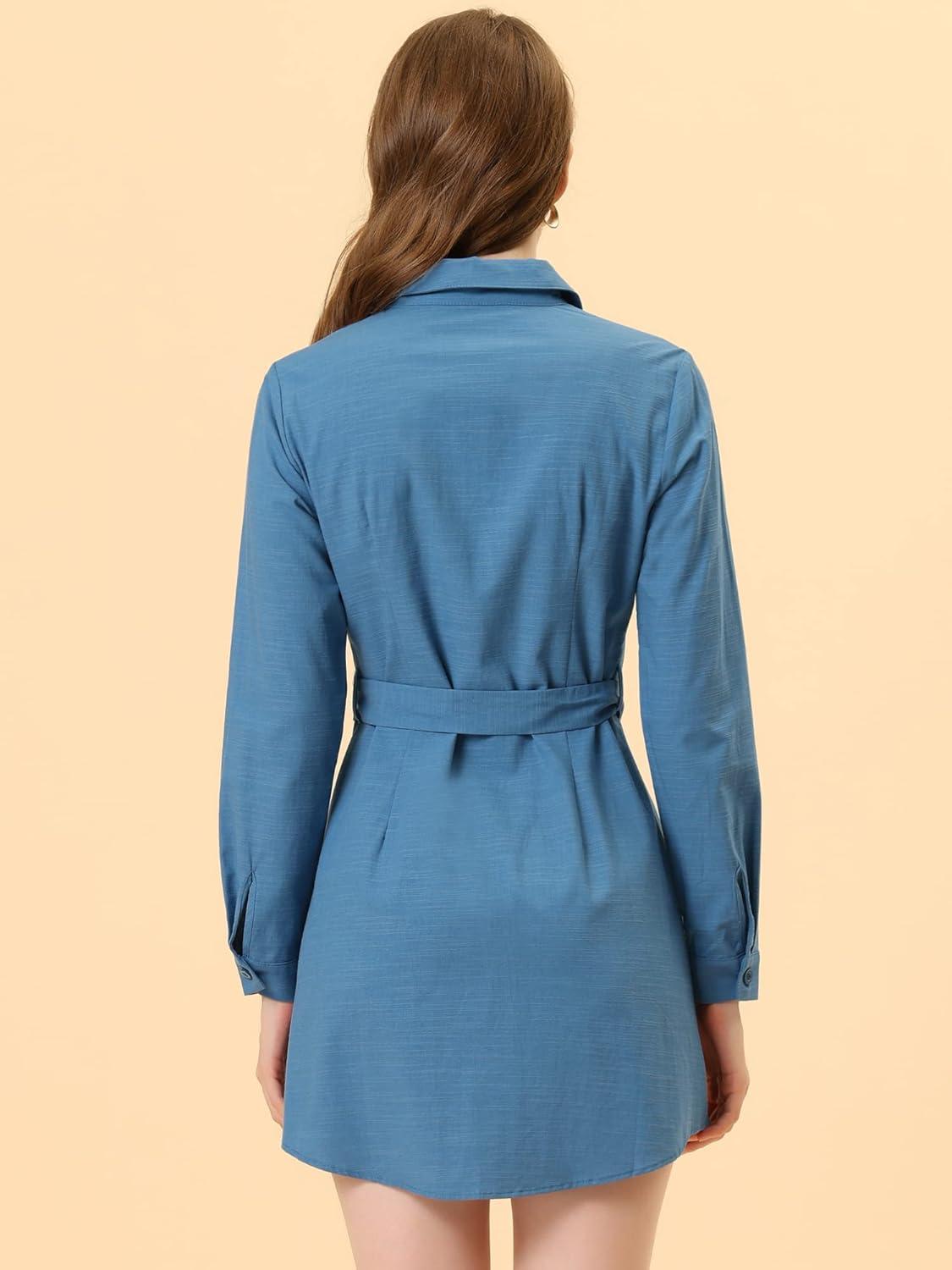 imageAllegra K Womens Belted Roll Up Sleeve Button Up Collared Shirt DressBlue