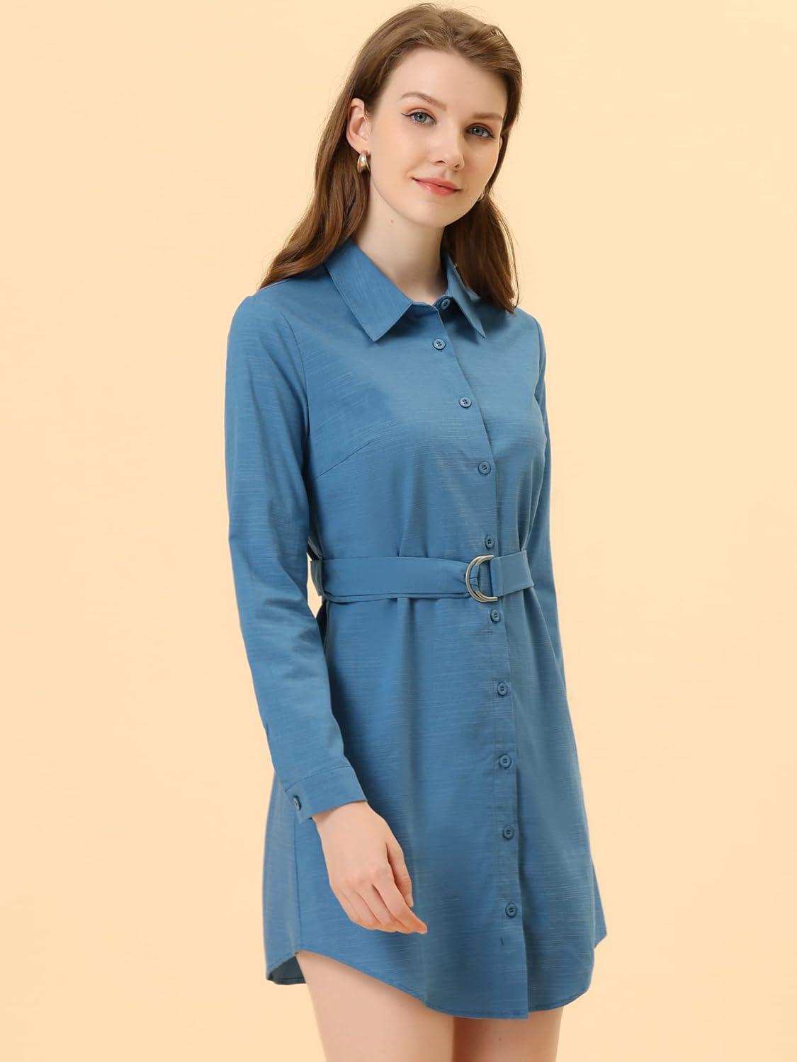 imageAllegra K Womens Belted Roll Up Sleeve Button Up Collared Shirt DressBlue