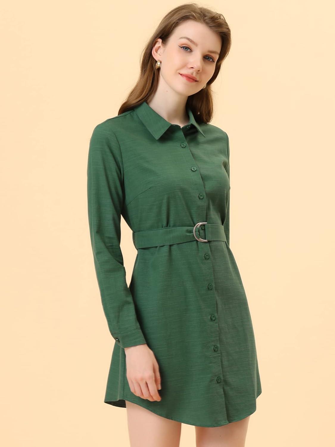 imageAllegra K Womens Belted Roll Up Sleeve Button Up Collared Shirt DressGreen