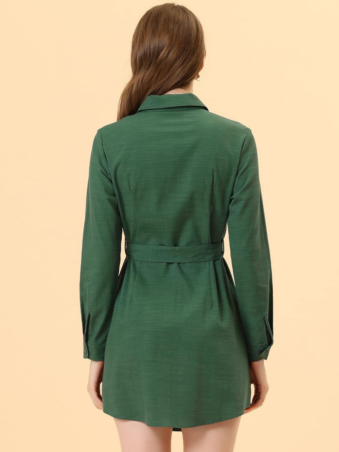 imageAllegra K Womens Belted Roll Up Sleeve Button Up Collared Shirt DressGreen