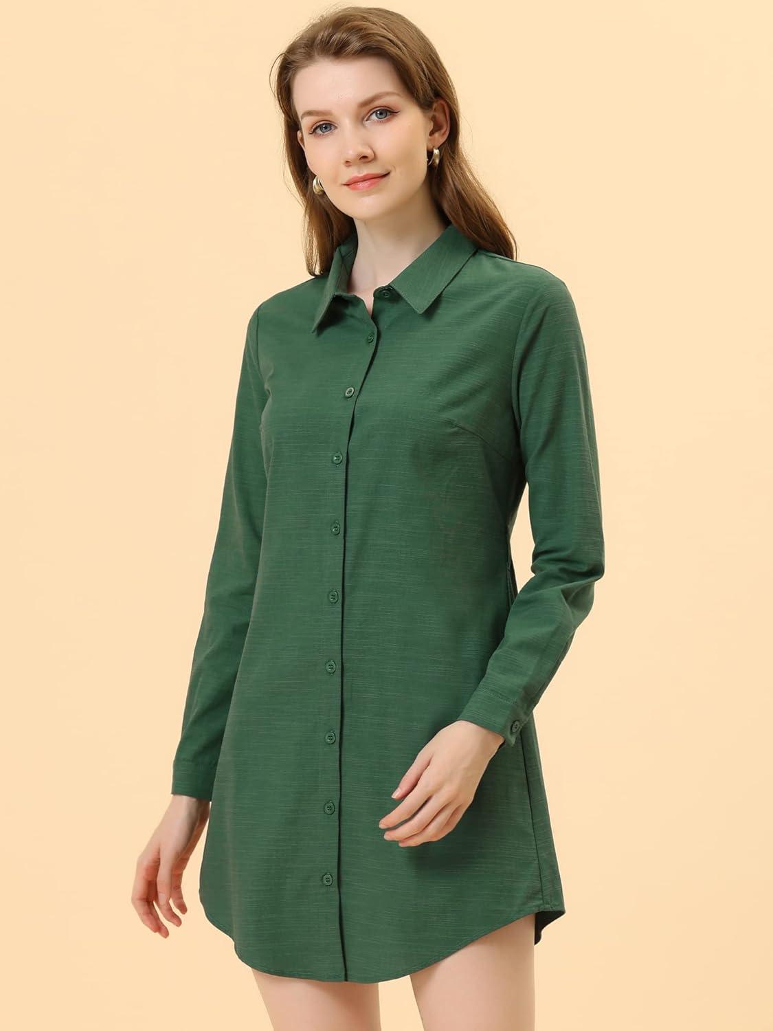 imageAllegra K Womens Belted Roll Up Sleeve Button Up Collared Shirt DressGreen