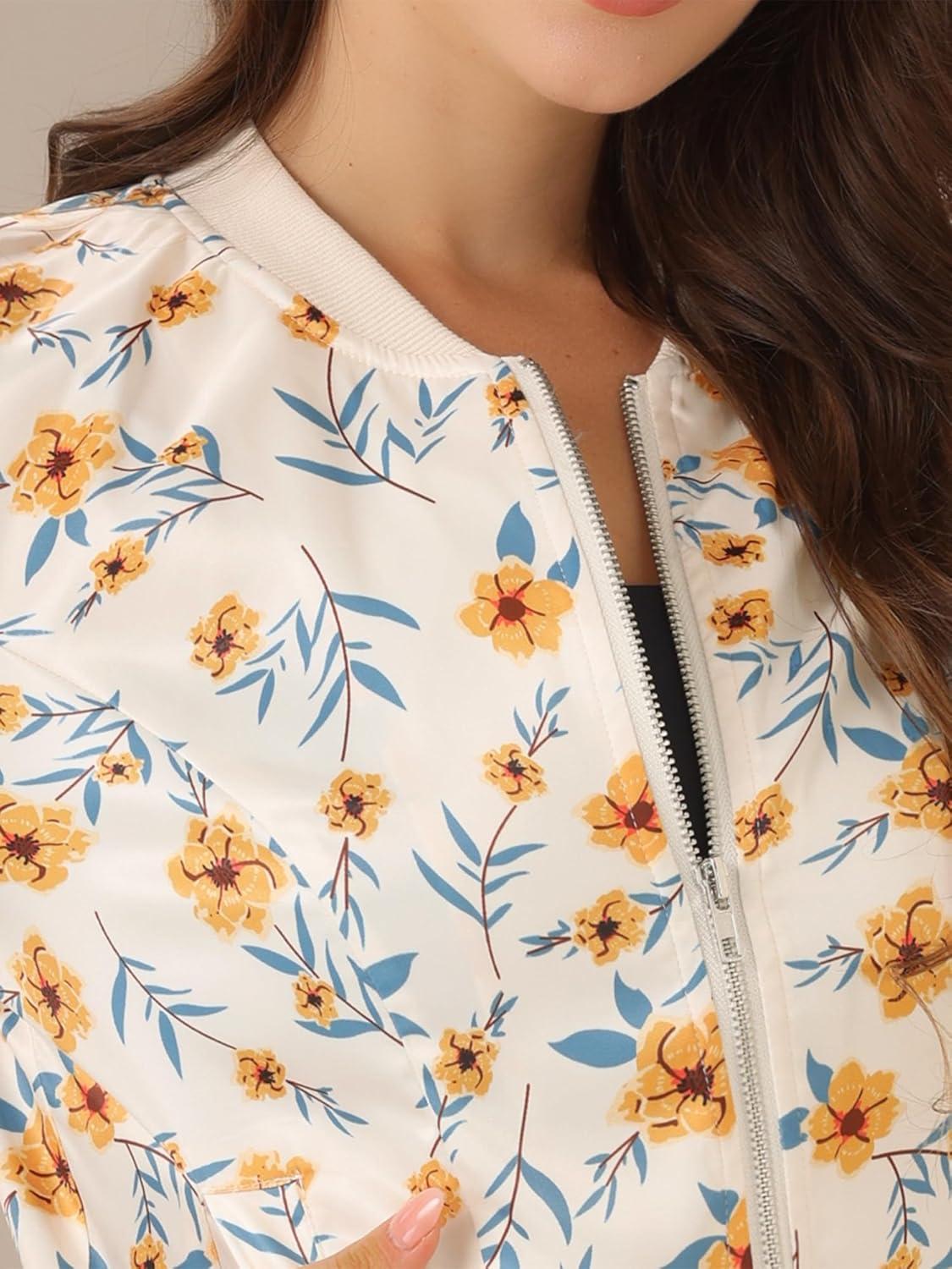 imageAllegra K Womens Bomber Jacket Satin Long Sleeve Zipper Floral Print Casual Fall Coat with Pocket Winter OutwearApricot Blue