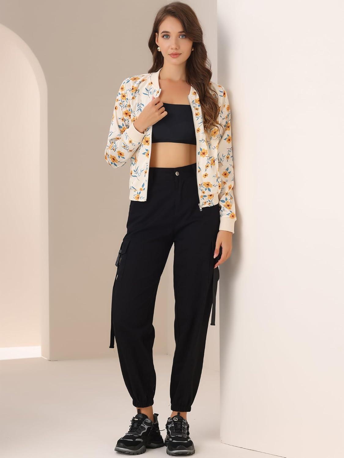 imageAllegra K Womens Bomber Jacket Satin Long Sleeve Zipper Floral Print Casual Fall Coat with Pocket Winter OutwearApricot Blue