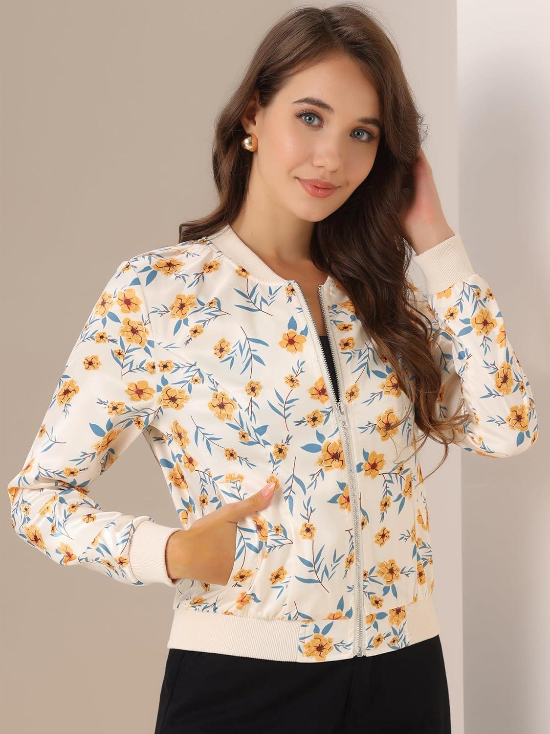 imageAllegra K Womens Bomber Jacket Satin Long Sleeve Zipper Floral Print Casual Fall Coat with Pocket Winter OutwearApricot Blue